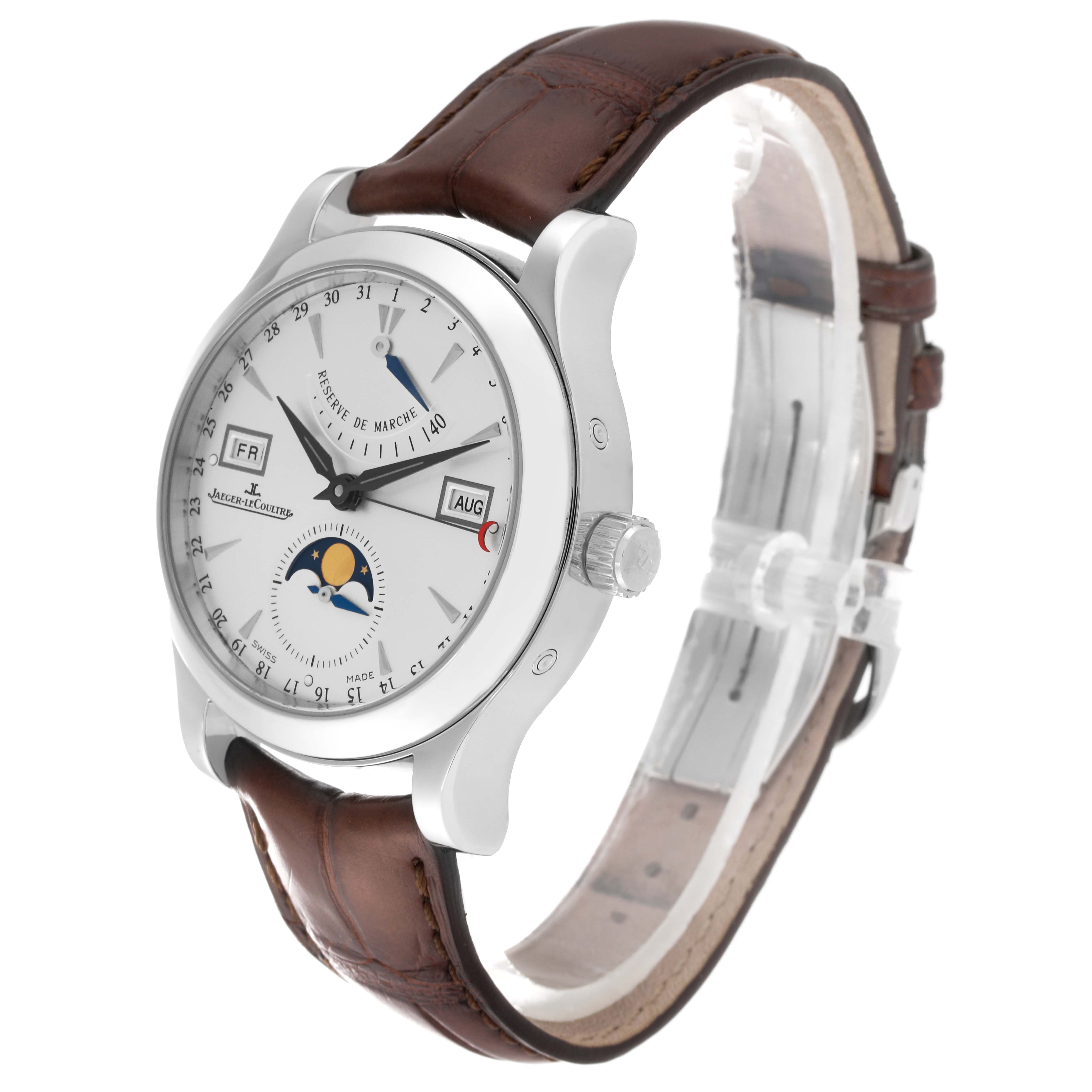 This Jaeger LeCoultre Master Q151842A Men's Stainless Steel Silver Dial Q151842A Men's Stainless Steel Silver Dial model watch is shown at an angled side view, highlighting its dial, crown, and brown leather strap.