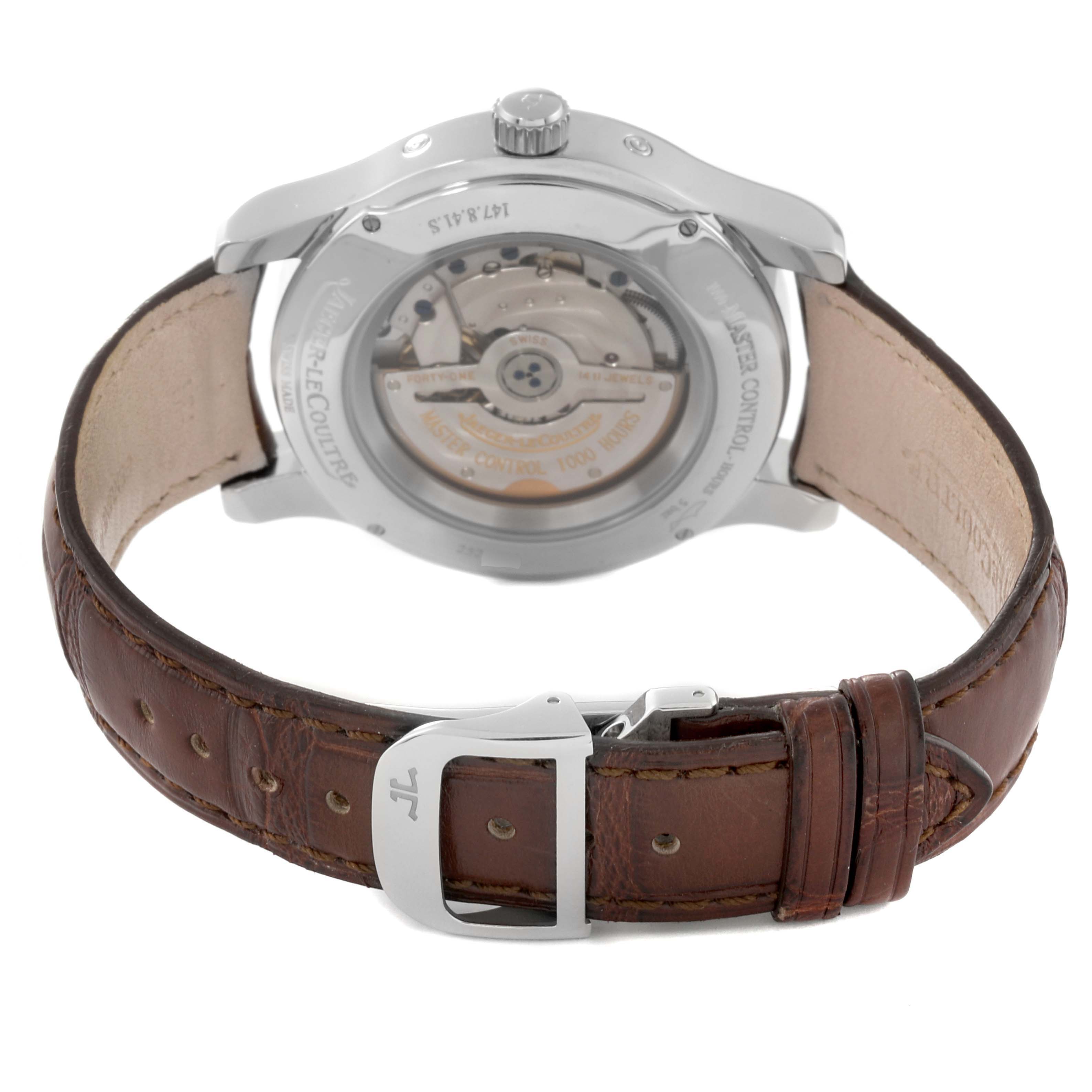 The image shows the back angle of the Jaeger LeCoultre Master Q151842A Men's Stainless Steel Silver Dial Q151842A Men's Stainless Steel Silver Dial watch, highlighting the leather strap, buckle, and the transparent case back.