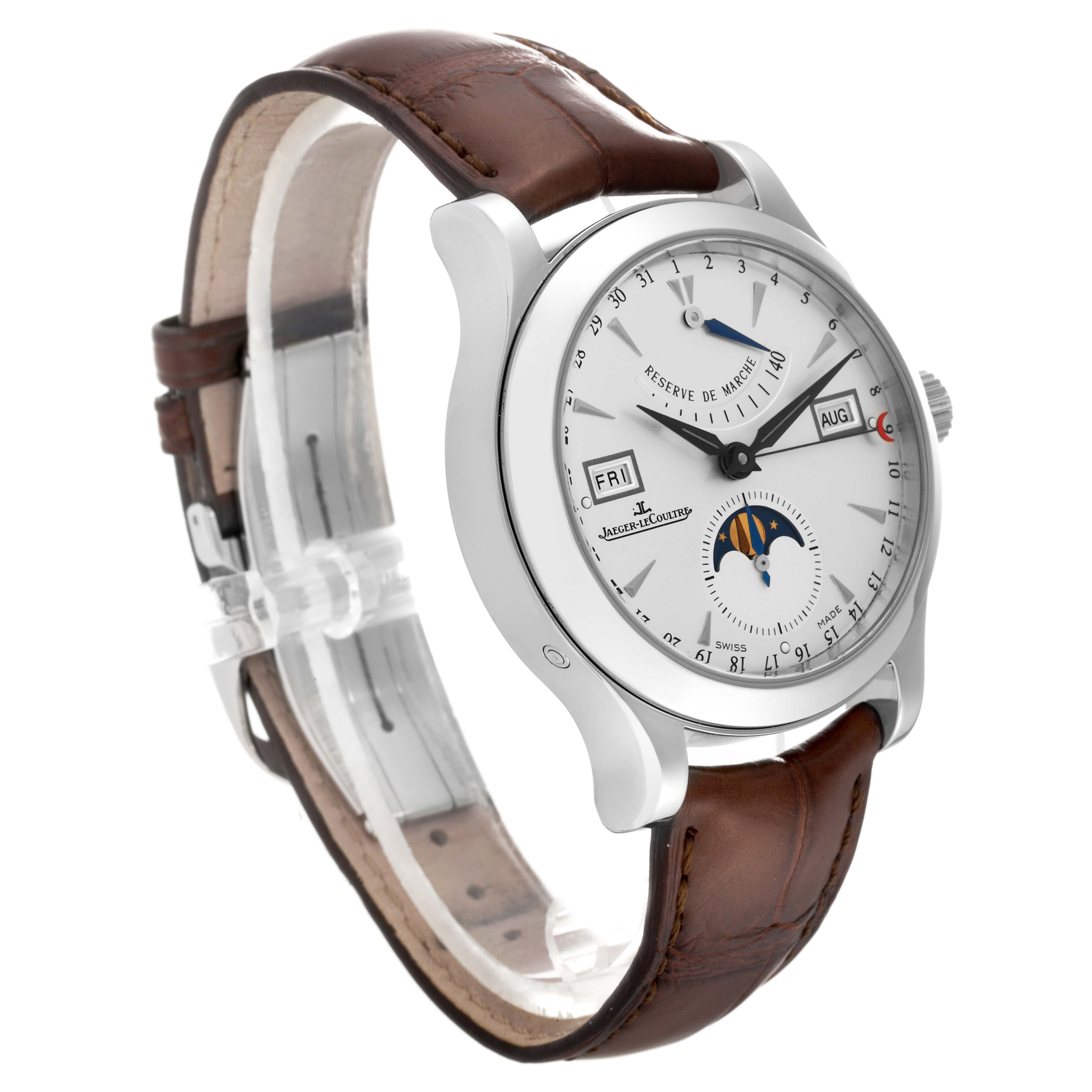 The Jaeger LeCoultre Master Q151842A Men's Stainless Steel Silver Dial Q151842A Men's Stainless Steel Silver Dial model watch is shown from a three-quarter angle, highlighting the dial, case, and leather strap.