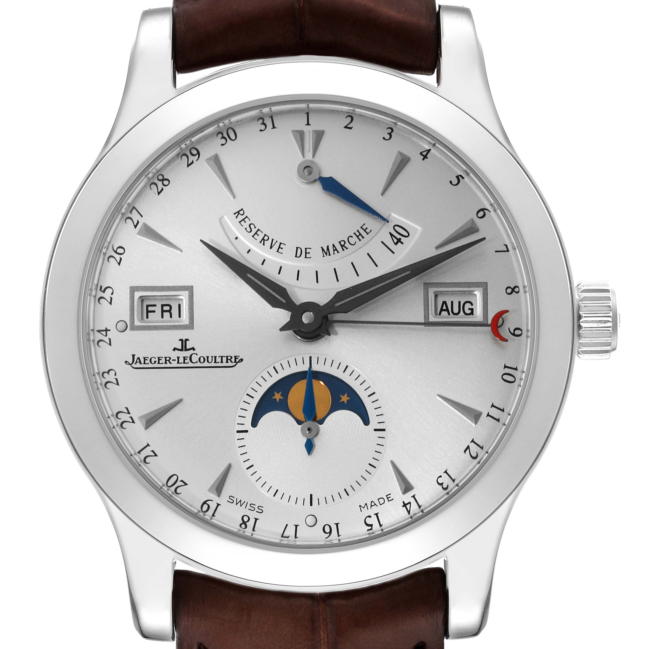 The image shows a front view of the Jaeger LeCoultre Master Q151842A Men's Stainless Steel Silver Dial Q151842A Men's Stainless Steel Silver Dial model watch, highlighting its dial, hands, date windows, and moon phase indicator.