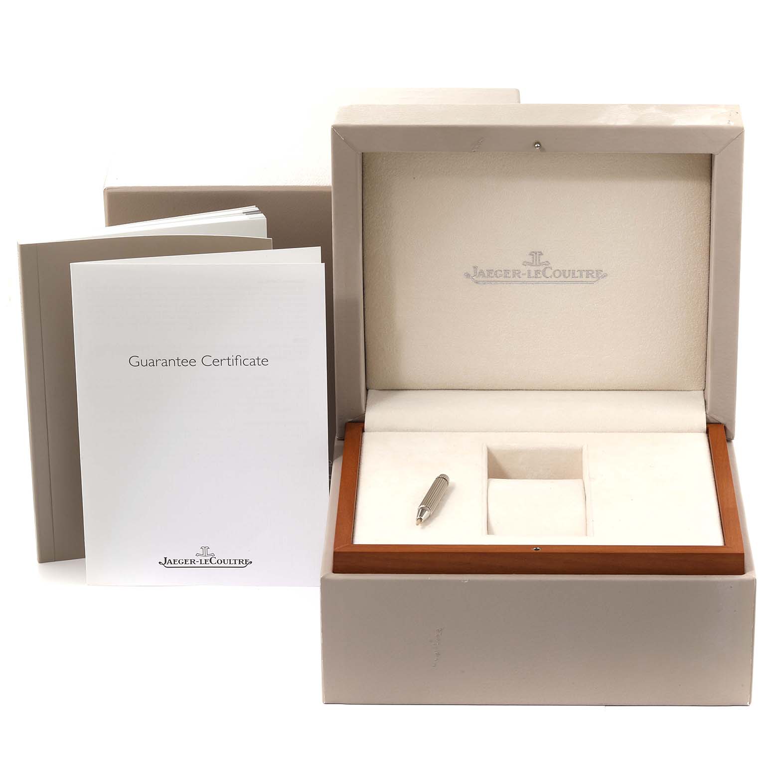 The image shows the open presentation box and guarantee certificate for a Jaeger LeCoultre Master Q151842A Men's Stainless Steel Silver Dial Q151842A Men's Stainless Steel Silver Dial watch.
