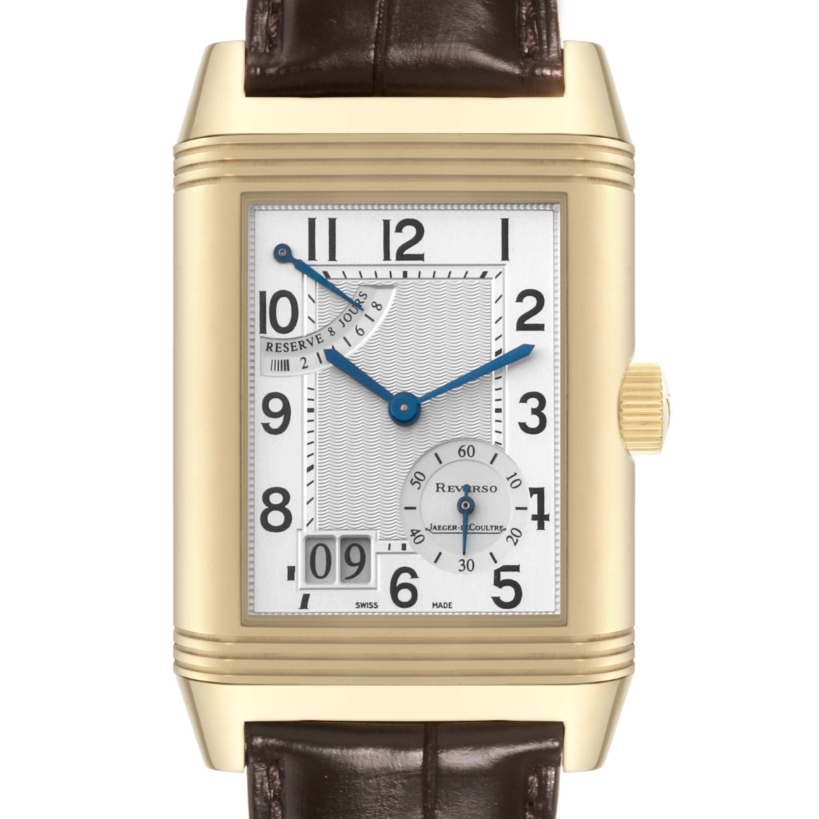 The image shows a frontal view of the Jaeger LeCoultre Reverso Q3001420 Men's Yellow Gold Silver Dial Q3001420 Men's Yellow Gold Silver Dial watch, highlighting its rectangular dial with numerals and subdials.