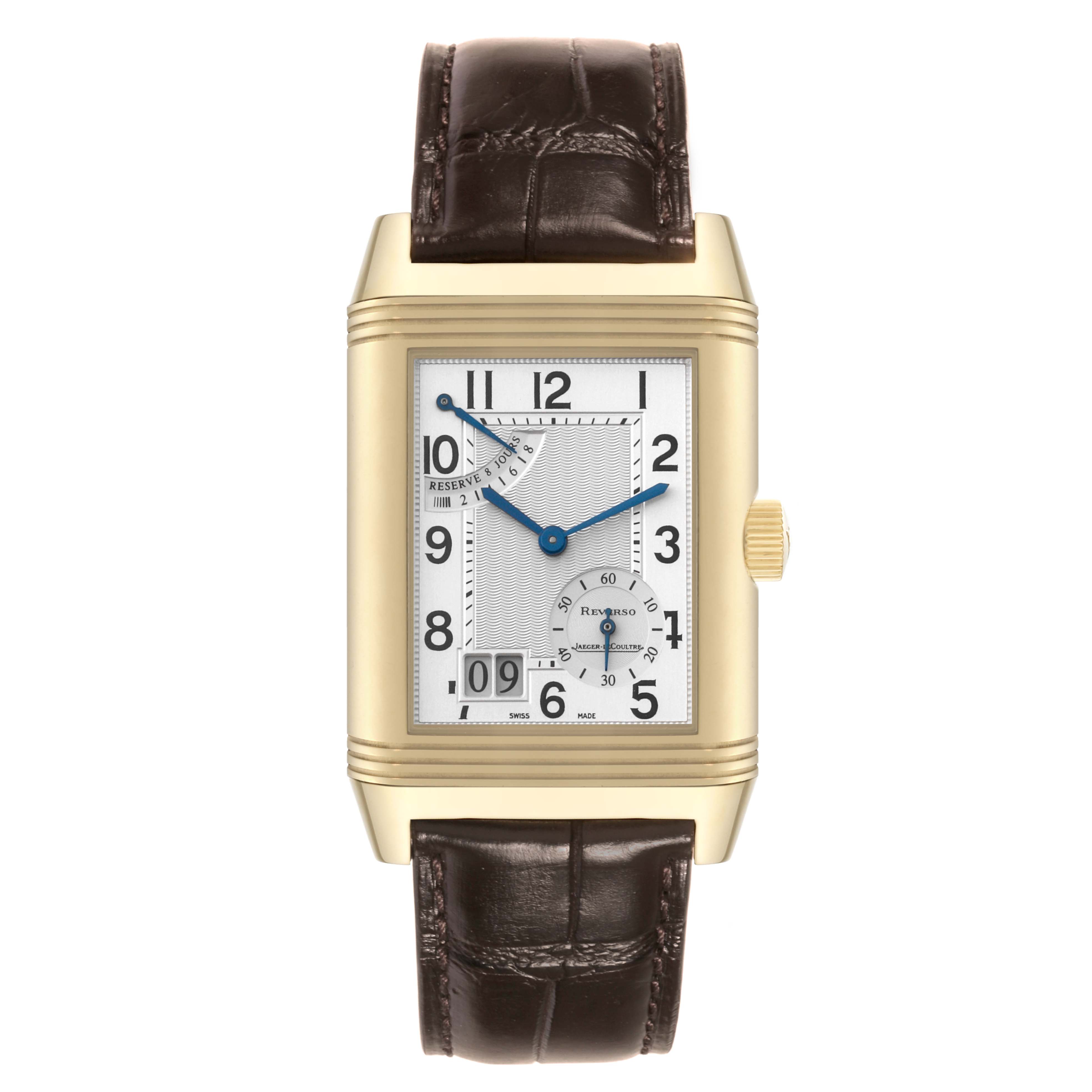 The Jaeger-LeCoultre Reverso watch is shown from the front, displaying its dial, casing, and leather strap.