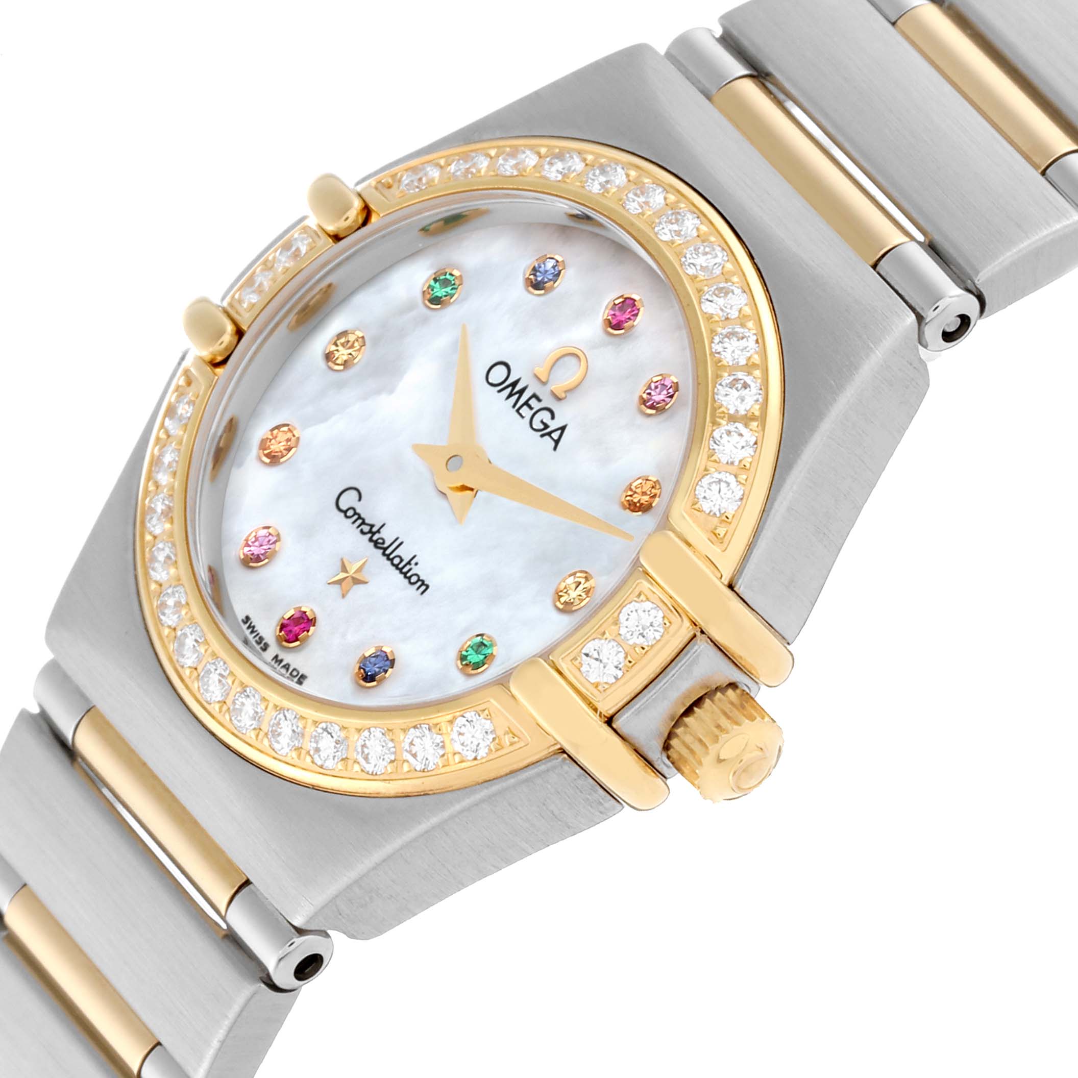 The image shows the dial and bracelet of the Omega 1394.79.00 Women's Steel and Gold (two tone) Mother of Pearl Dial 1394.79.00 Women's Steel and Gold (two tone) Mother of Pearl Dial Constellation 1367.79.00 Steel Yellow Gold Diamond Mother of Pearl Iris Ladies Watch at an angled view.