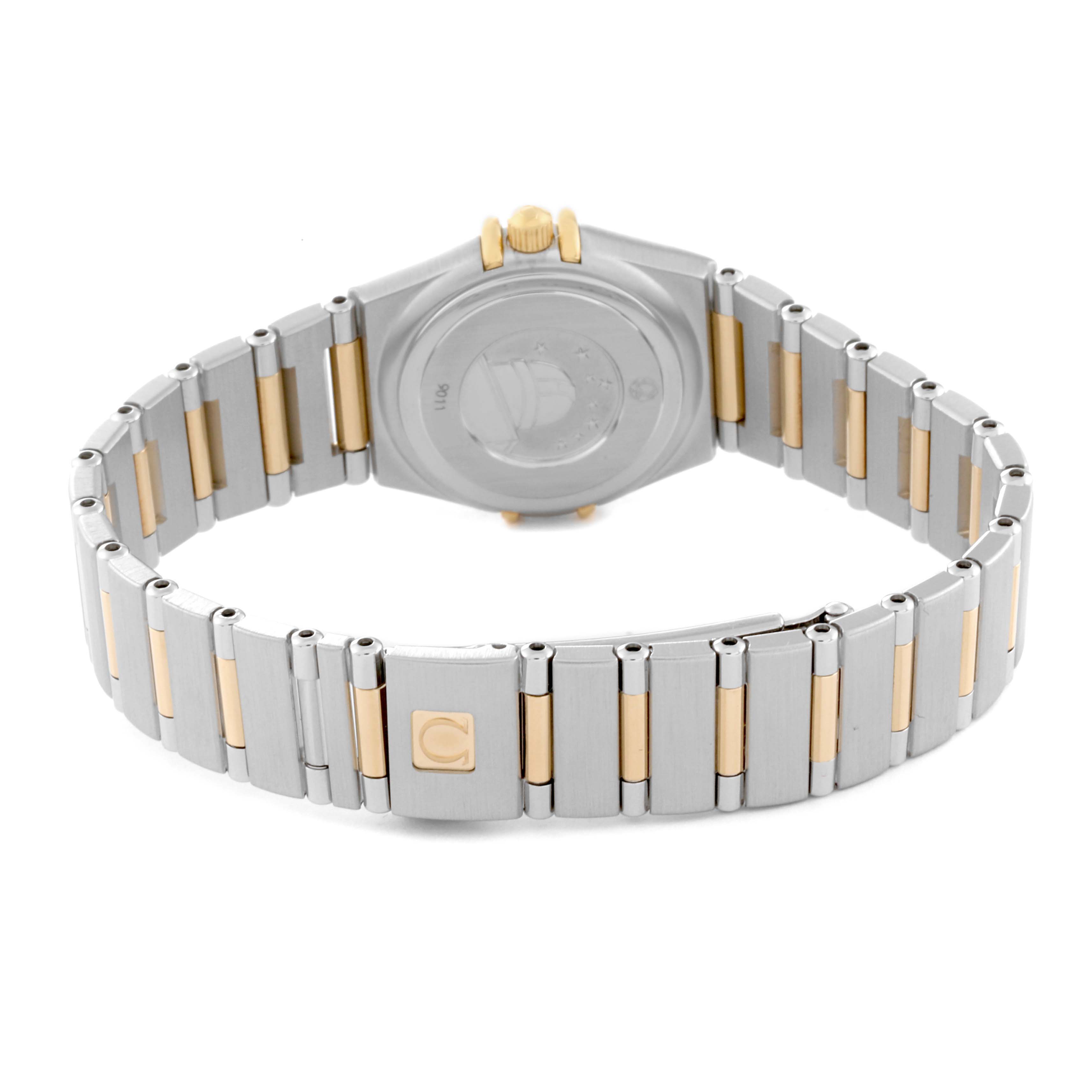 The image shows the back view and band of the Omega 1394.79.00 Women's Steel and Gold (two tone) Mother of Pearl Dial 1394.79.00 Women's Steel and Gold (two tone) Mother of Pearl Dial Constellation Steel Yellow Gold Diamond Mother of Pearl Iris Ladies Watch model 1367.79.00.