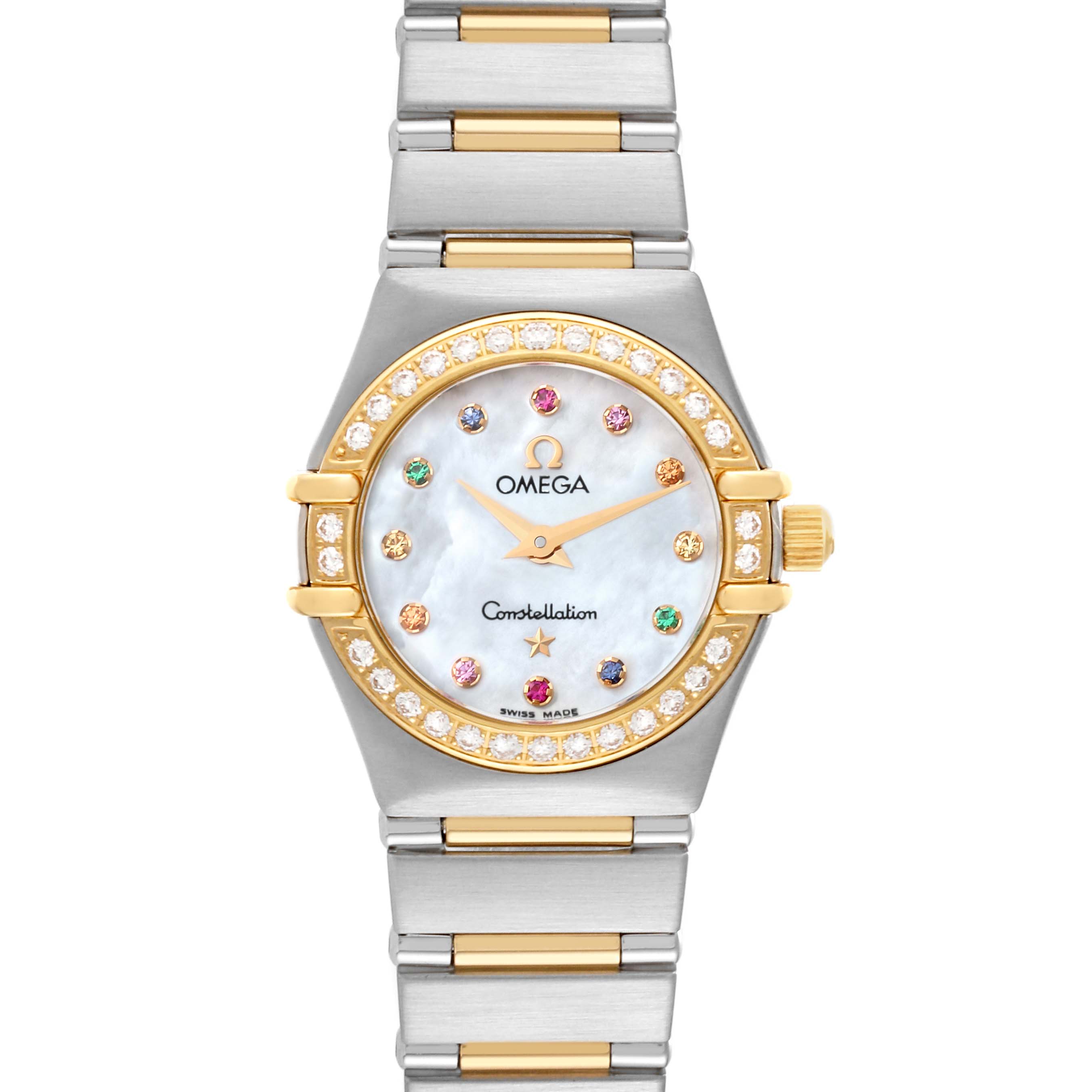 This is a front view of the Omega 1394.79.00 Women's Steel and Gold (two tone) Mother of Pearl Dial 1394.79.00 Women's Steel and Gold (two tone) Mother of Pearl Dial Constellation Steel Yellow Gold Diamond Mother of Pearl Iris Ladies Watch, model 1367.79.00.