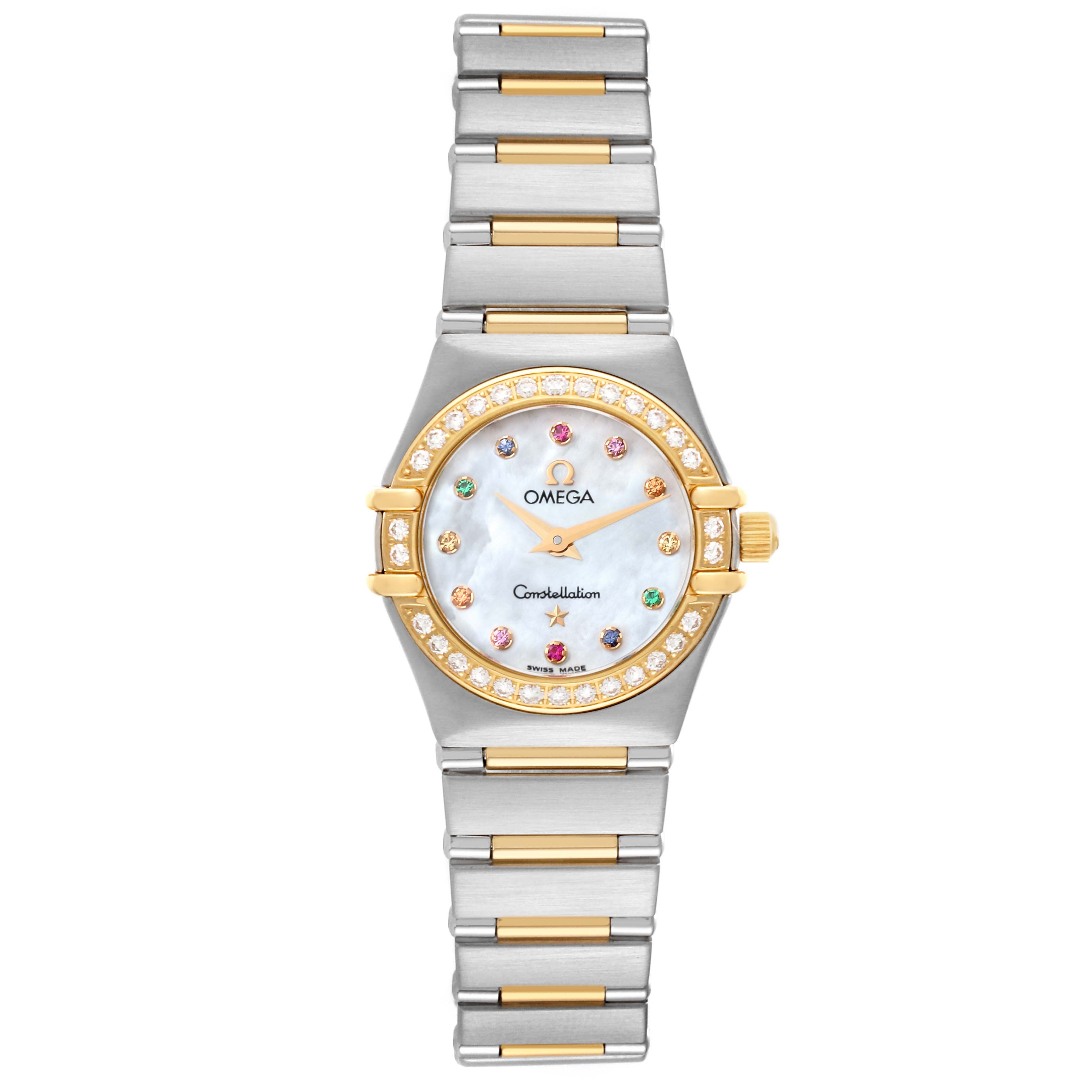 This image shows a front view of the Omega 1394.79.00 Women's Steel and Gold (two tone) Mother of Pearl Dial 1394.79.00 Women's Steel and Gold (two tone) Mother of Pearl Dial Constellation Steel Yellow Gold Diamond Mother of Pearl Iris Ladies Watch model 1367.79.00.