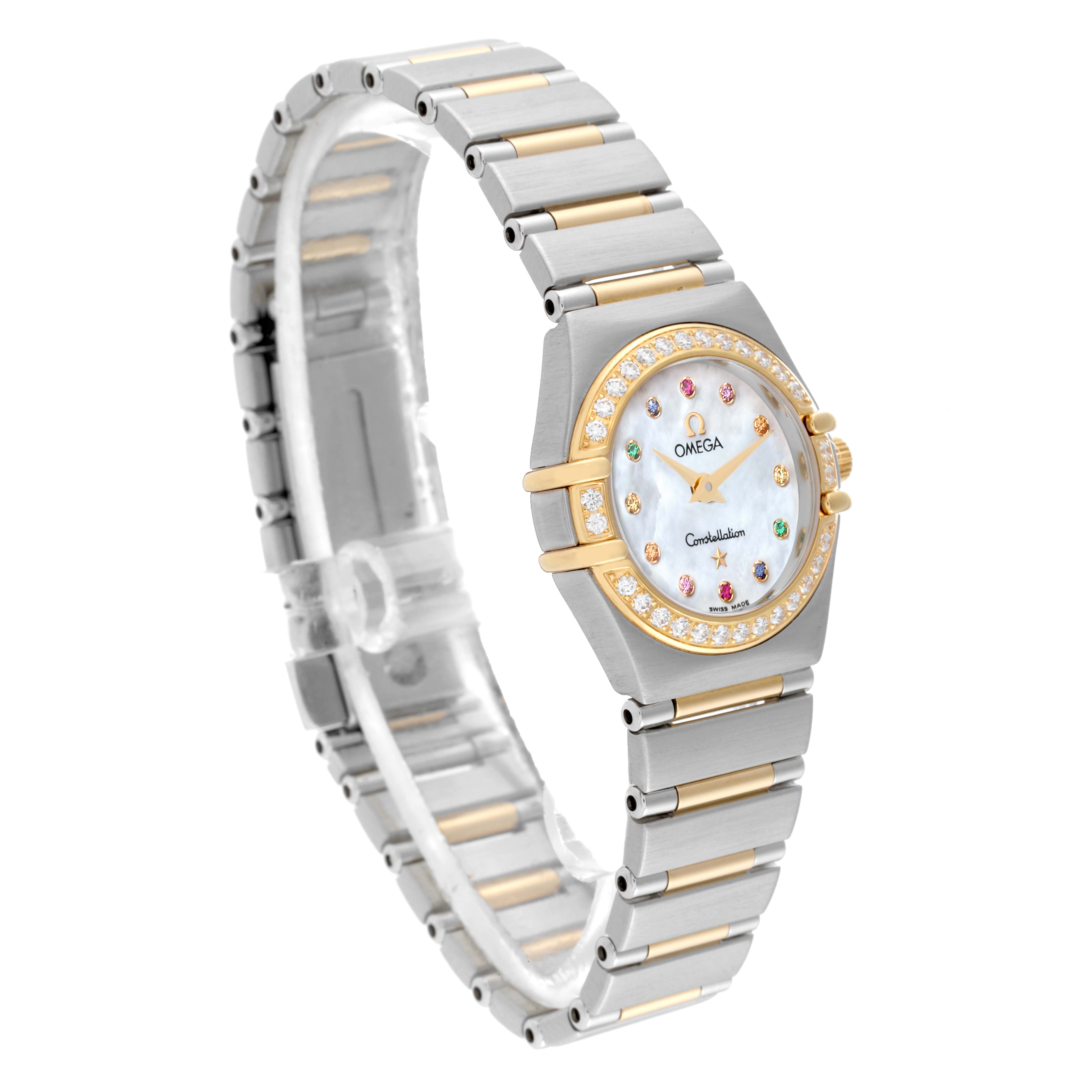 The image shows a side angle of an Omega 1394.79.00 Women's Steel and Gold (two tone) Mother of Pearl Dial 1394.79.00 Women's Steel and Gold (two tone) Mother of Pearl Dial Constellation Steel Yellow Gold Diamond Mother of Pearl Iris Ladies Watch 1367.79.00, highlighting its bracelet and face.