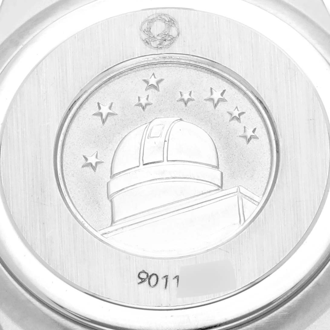 This image shows the engraved case back of the Omega 1394.79.00 Women's Steel and Gold (two tone) Mother of Pearl Dial 1394.79.00 Women's Steel and Gold (two tone) Mother of Pearl Dial Constellation Steel Yellow Gold Diamond Mother of Pearl Iris Ladies Watch 1367.79.00 model.