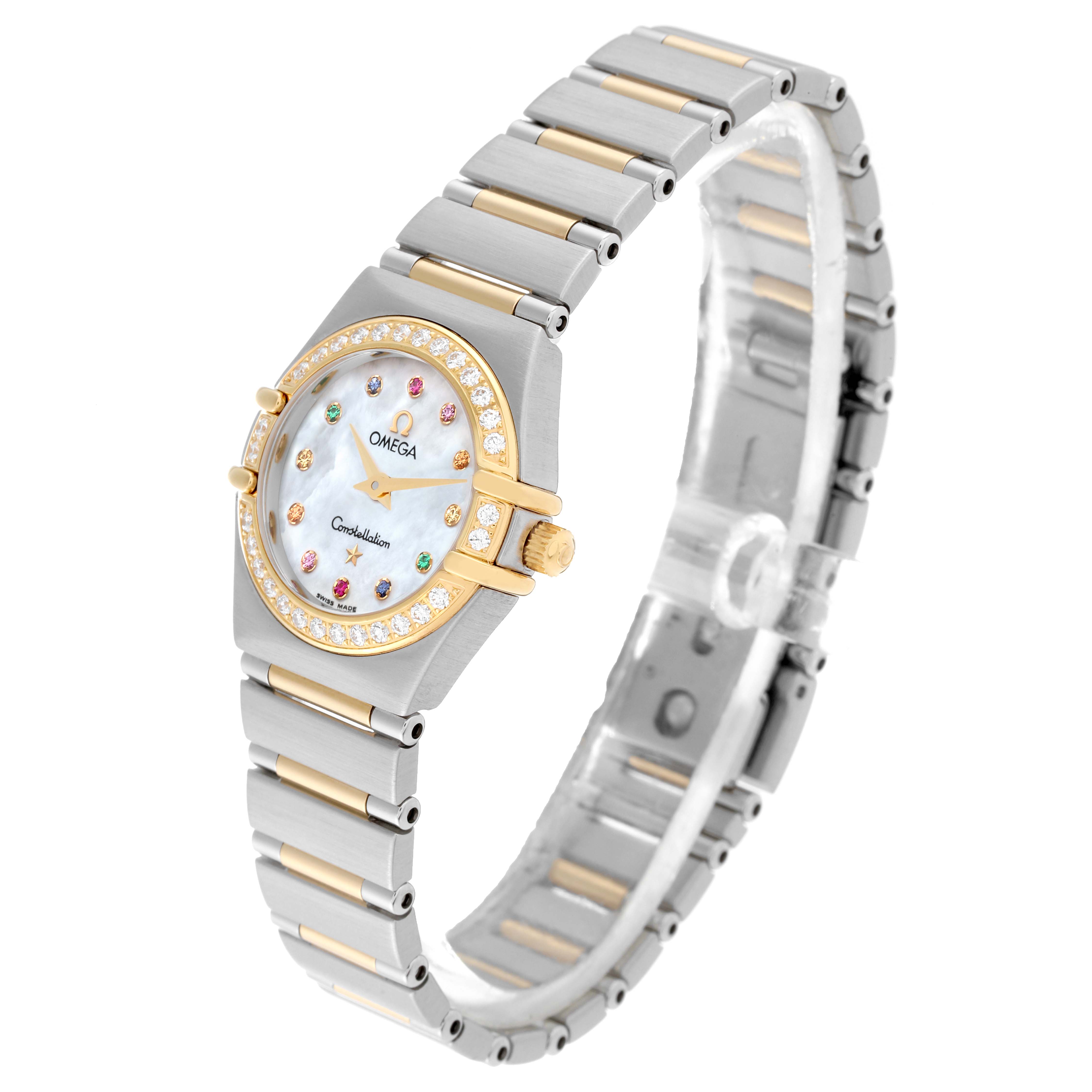 The image shows an angled view of the Omega 1394.79.00 Women's Steel and Gold (two tone) Mother of Pearl Dial 1394.79.00 Women's Steel and Gold (two tone) Mother of Pearl Dial Constellation Steel Yellow Gold Diamond Mother of Pearl Iris Ladies Watch 1367.79.00, highlighting the face and bracelet.