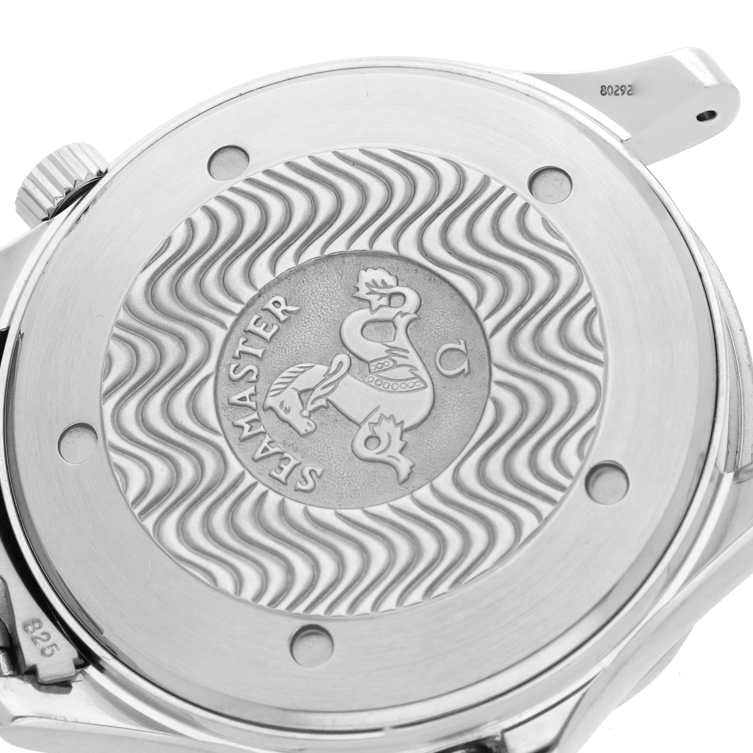 The image shows a close-up of the case back of an Omega Seamaster 2531.80.00 Men's Stainless Steel Blue Dial 2531.80.00 Men's Stainless Steel Blue Dial watch, featuring its distinctive logo and wavy pattern.