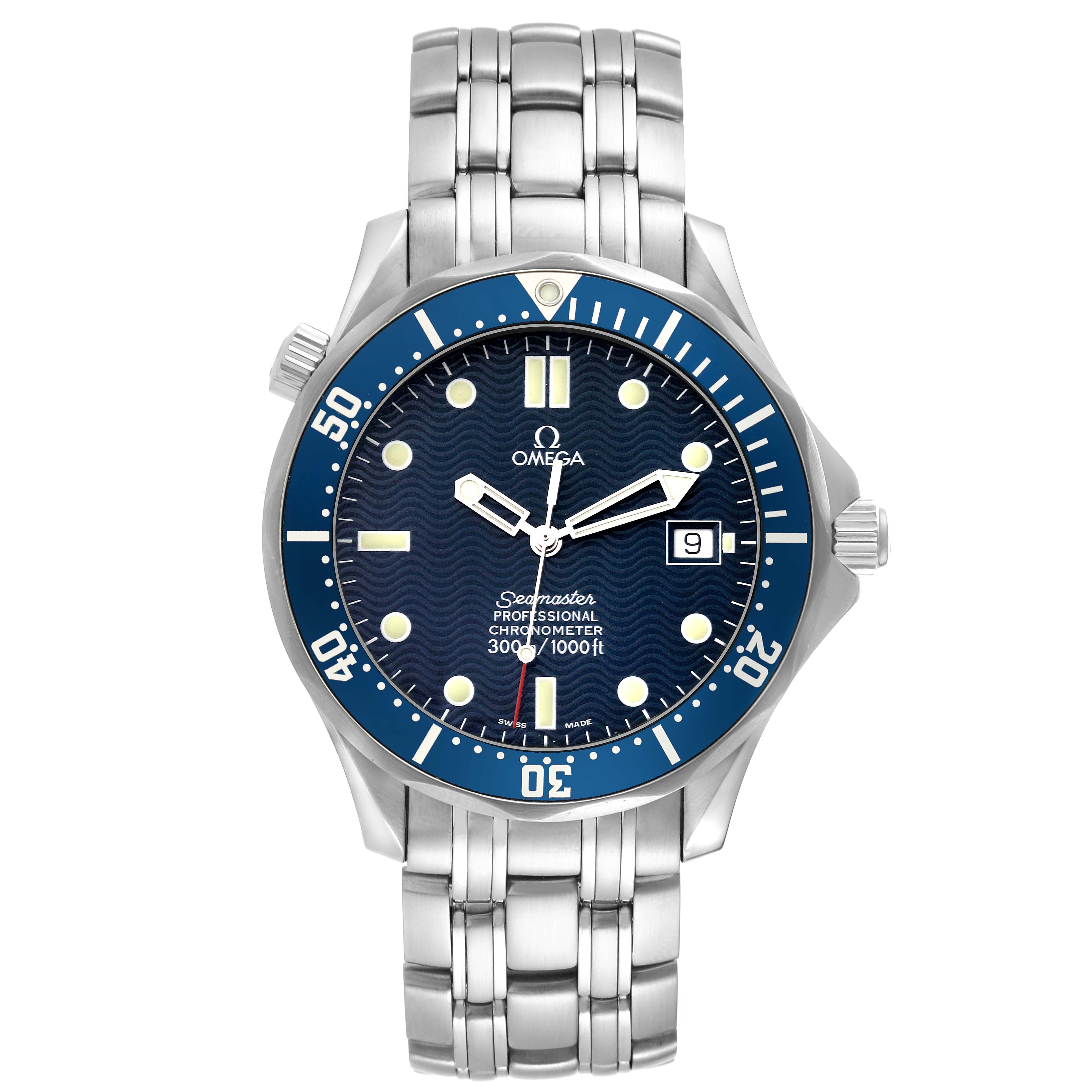 The image shows a front view of an Omega Seamaster 2531.80.00 Men's Stainless Steel Blue Dial 2531.80.00 Men's Stainless Steel Blue Dial watch, highlighting the dial, bezel, bracelet, and crown.