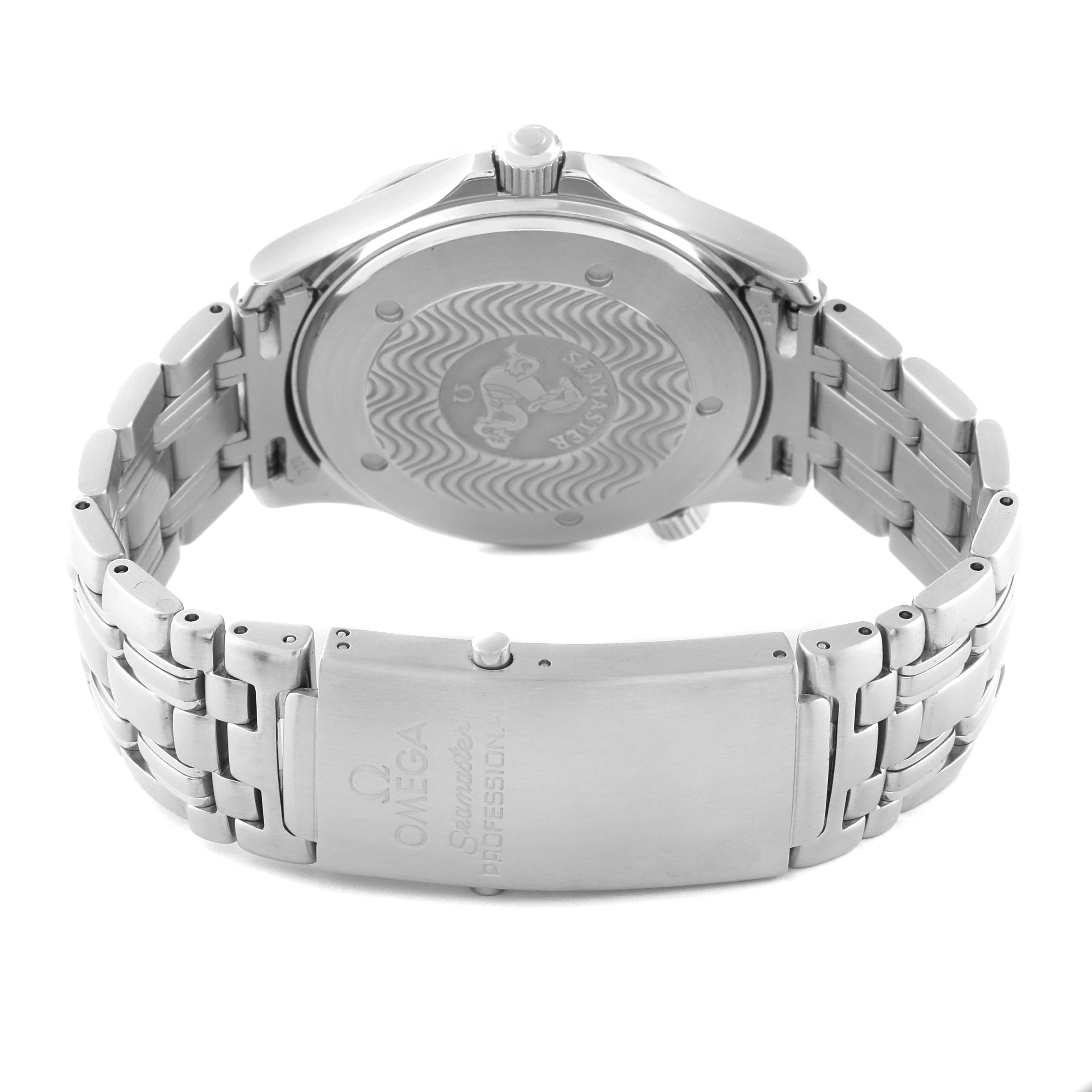 The image shows the back view of an Omega Seamaster 2531.80.00 Men's Stainless Steel Blue Dial 2531.80.00 Men's Stainless Steel Blue Dial watch, highlighting the case back and metal bracelet with the clasp.