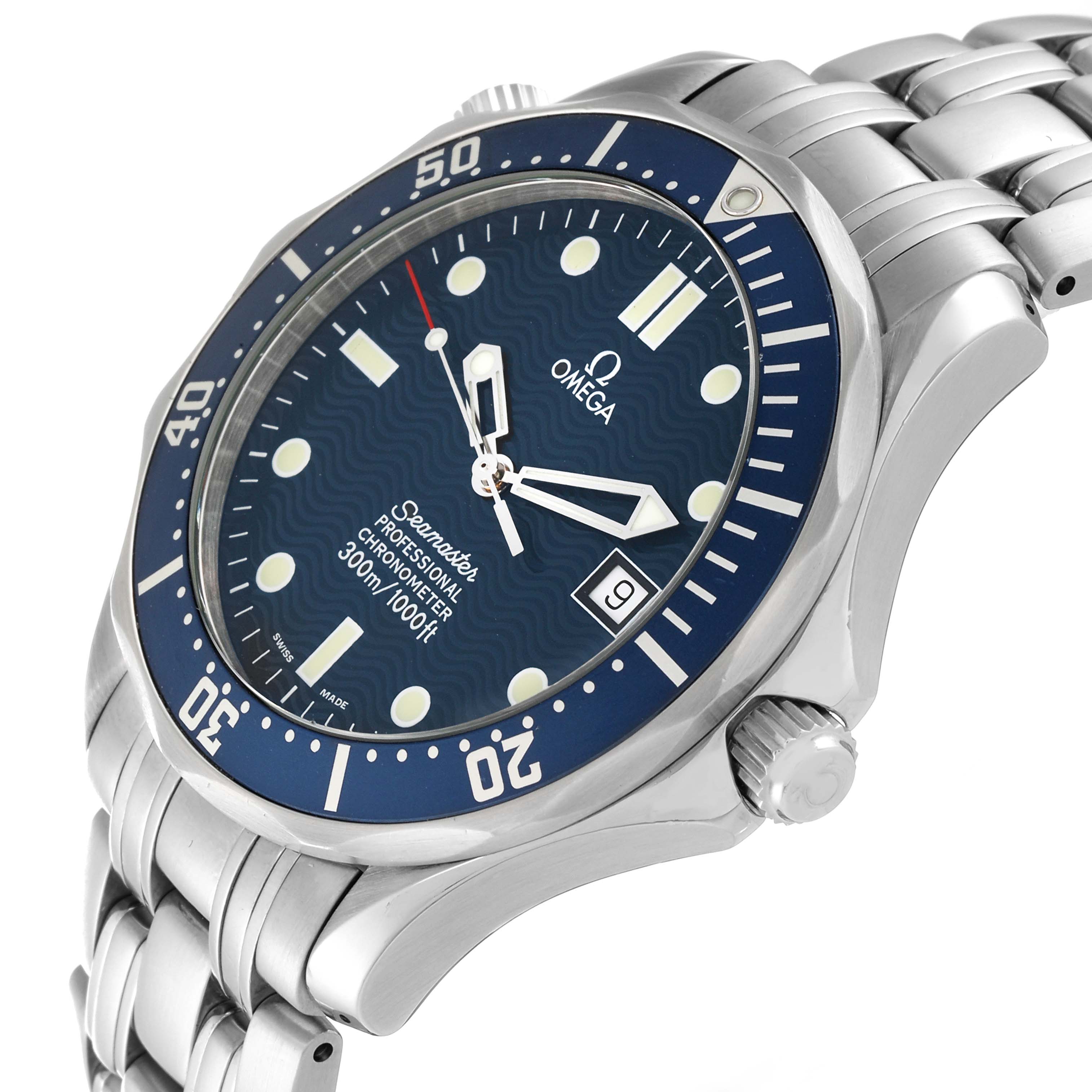 The image shows a close-up angled view of the Omega Seamaster 2531.80.00 Men's Stainless Steel Blue Dial 2531.80.00 Men's Stainless Steel Blue Dial watch, displaying its face, bezel, and part of the metal bracelet.