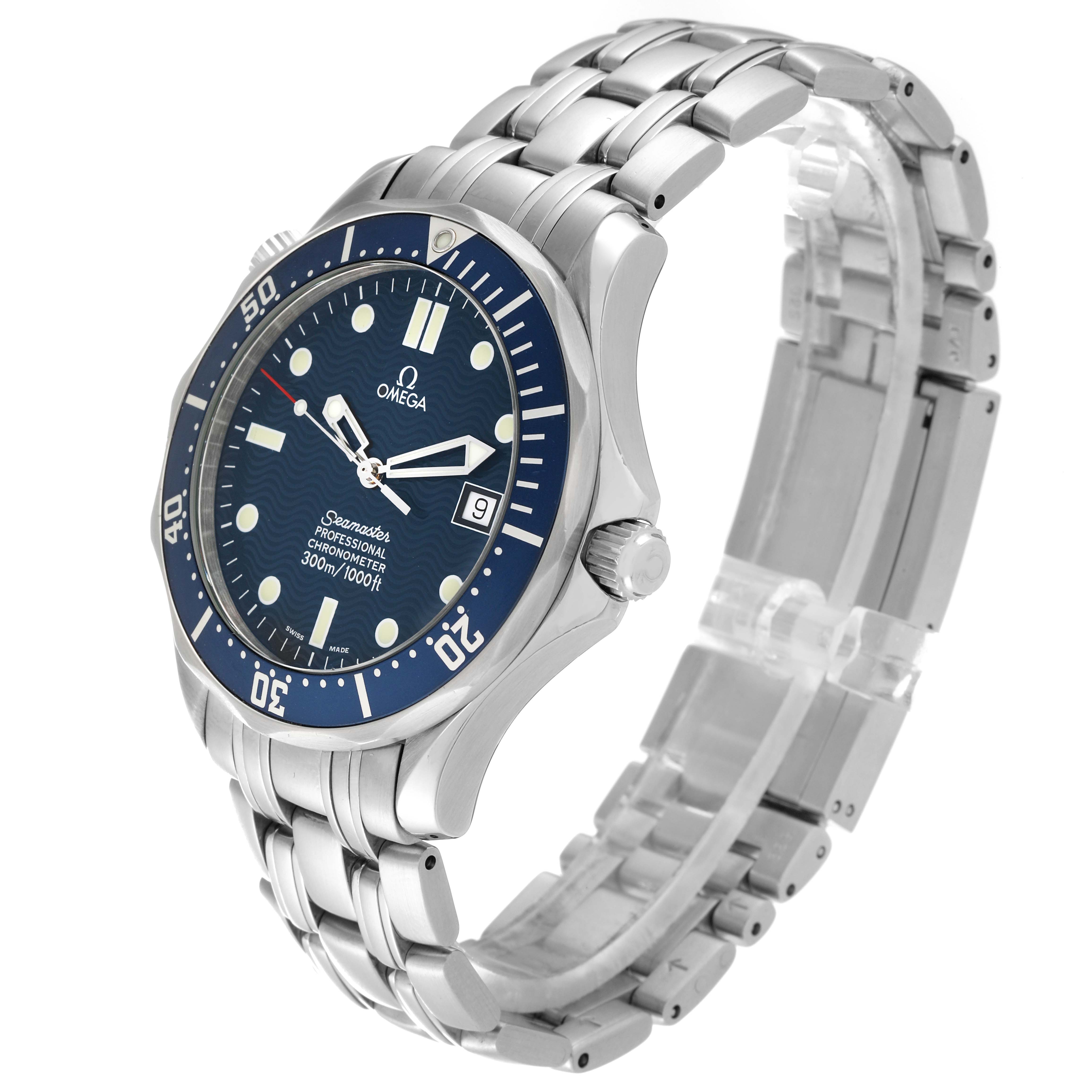 The image shows a side angle of the Omega Seamaster 2531.80.00 Men's Stainless Steel Blue Dial 2531.80.00 Men's Stainless Steel Blue Dial watch, highlighting its face, bezel, crown, and metal bracelet.