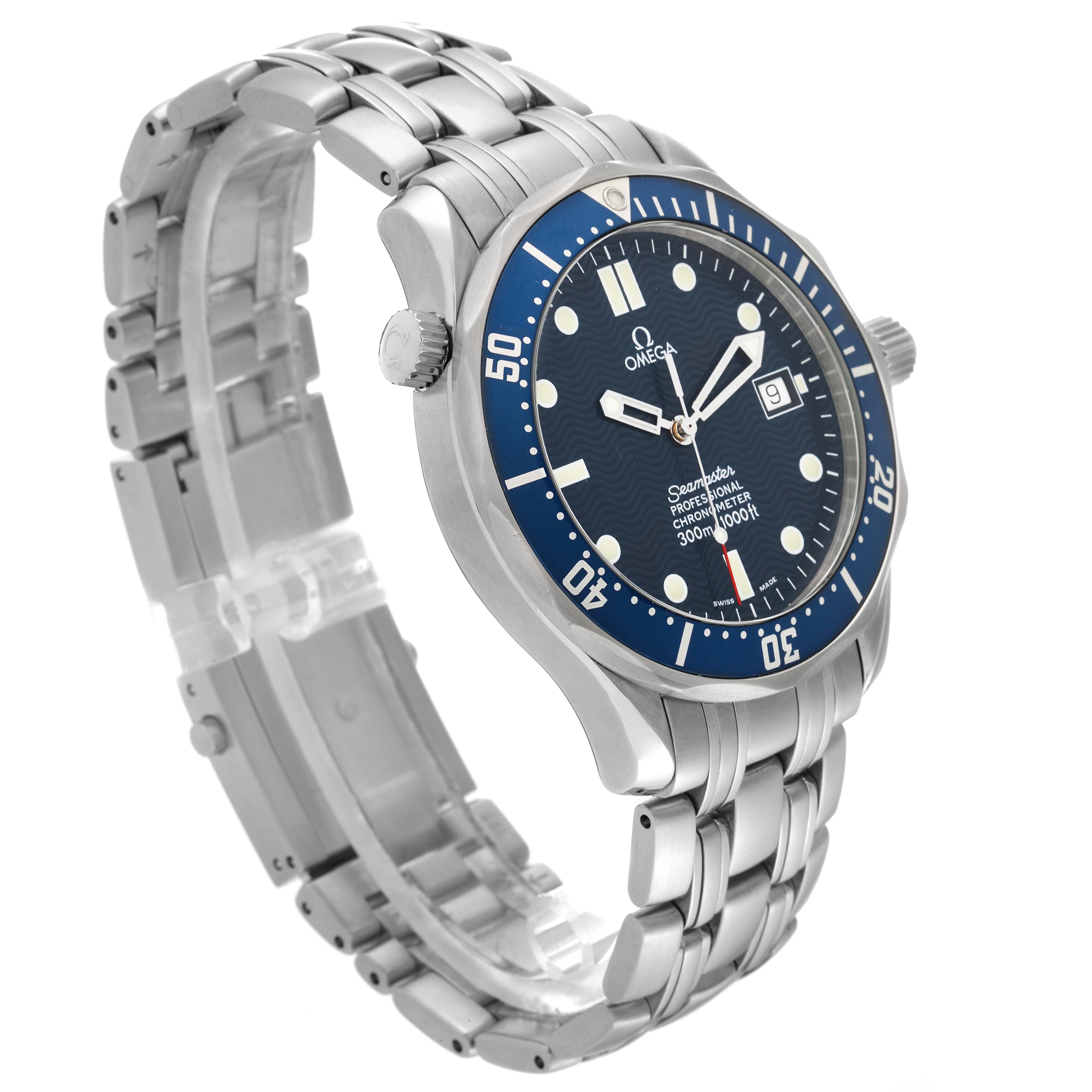 The Omega Seamaster 2531.80.00 Men's Stainless Steel Blue Dial 2531.80.00 Men's Stainless Steel Blue Dial watch is shown at a three-quarter angle, displaying the dial, bezel, crown, and bracelet.