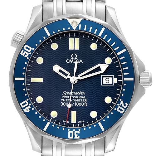 The image shows a front view of an Omega Seamaster watch, highlighting the dial, bezel, hands, and bracelet.