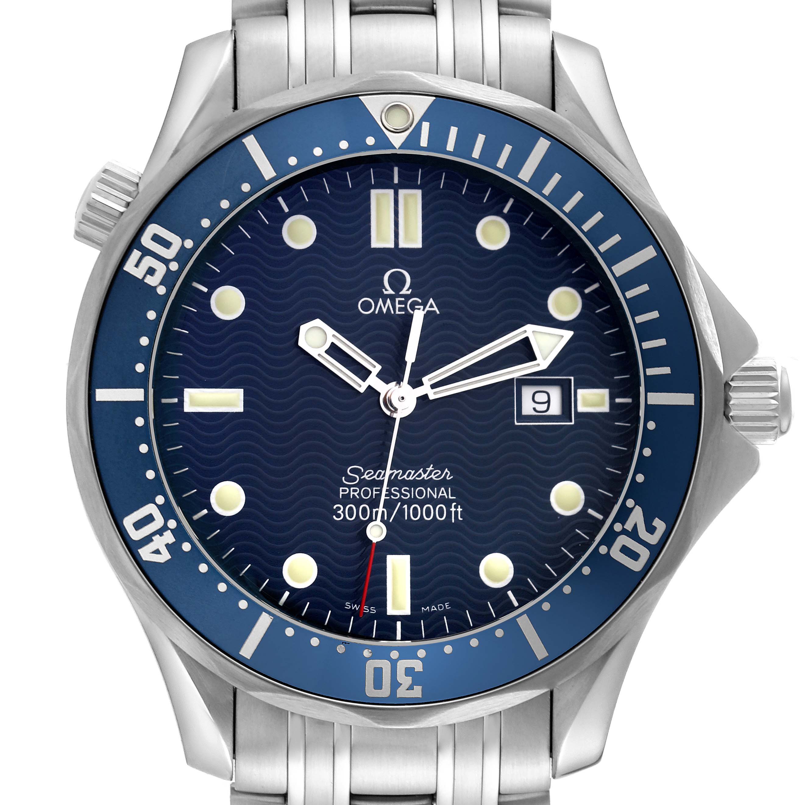 The image shows a front view of the Omega Seamaster 2541.80.00 Men
s Stainless Steel Blue Dial 2541.80.00 Men
s Stainless Steel Blue Dial watch, highlighting the dial, bezel, and part of the bracelet.