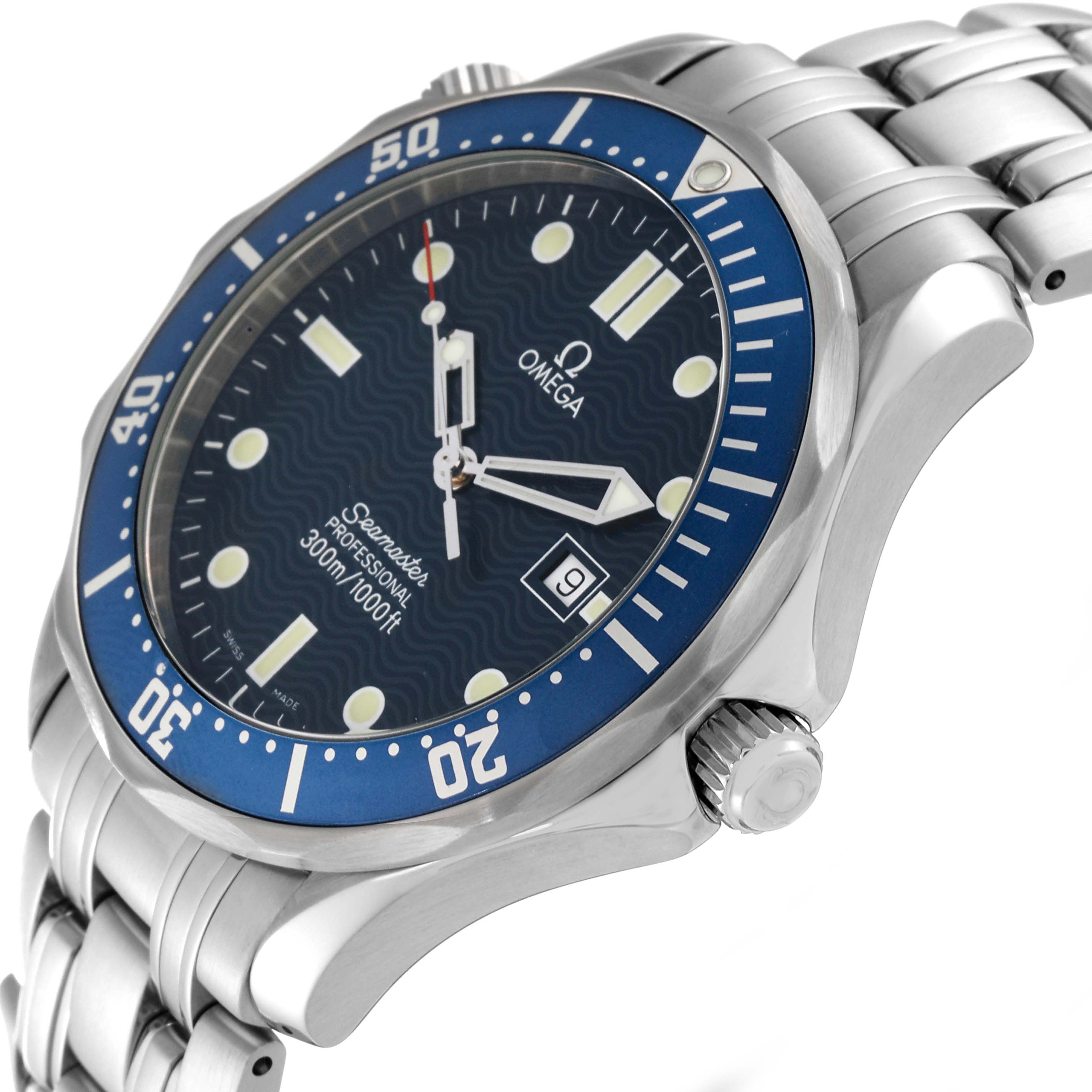 The image shows a close-up side angle of the Omega Seamaster 2541.80.00 Men
s Stainless Steel Blue Dial 2541.80.00 Men
s Stainless Steel Blue Dial watch, highlighting the dial, bezel, crown, and part of the bracelet.