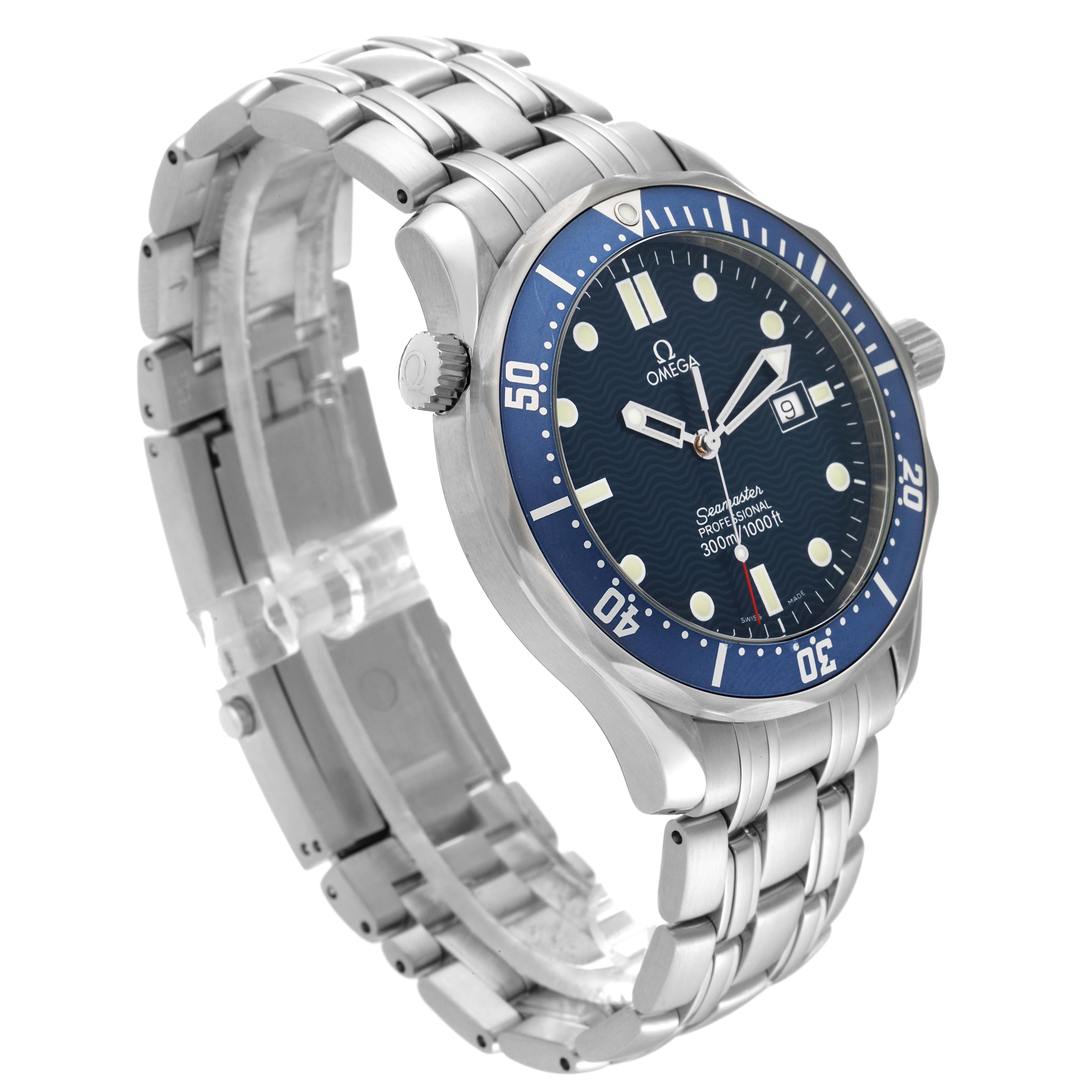 The Omega Seamaster 2541.80.00 Men
s Stainless Steel Blue Dial 2541.80.00 Men
s Stainless Steel Blue Dial watch is shown at a slight angle, highlighting its blue dial, bezel, and stainless steel bracelet.