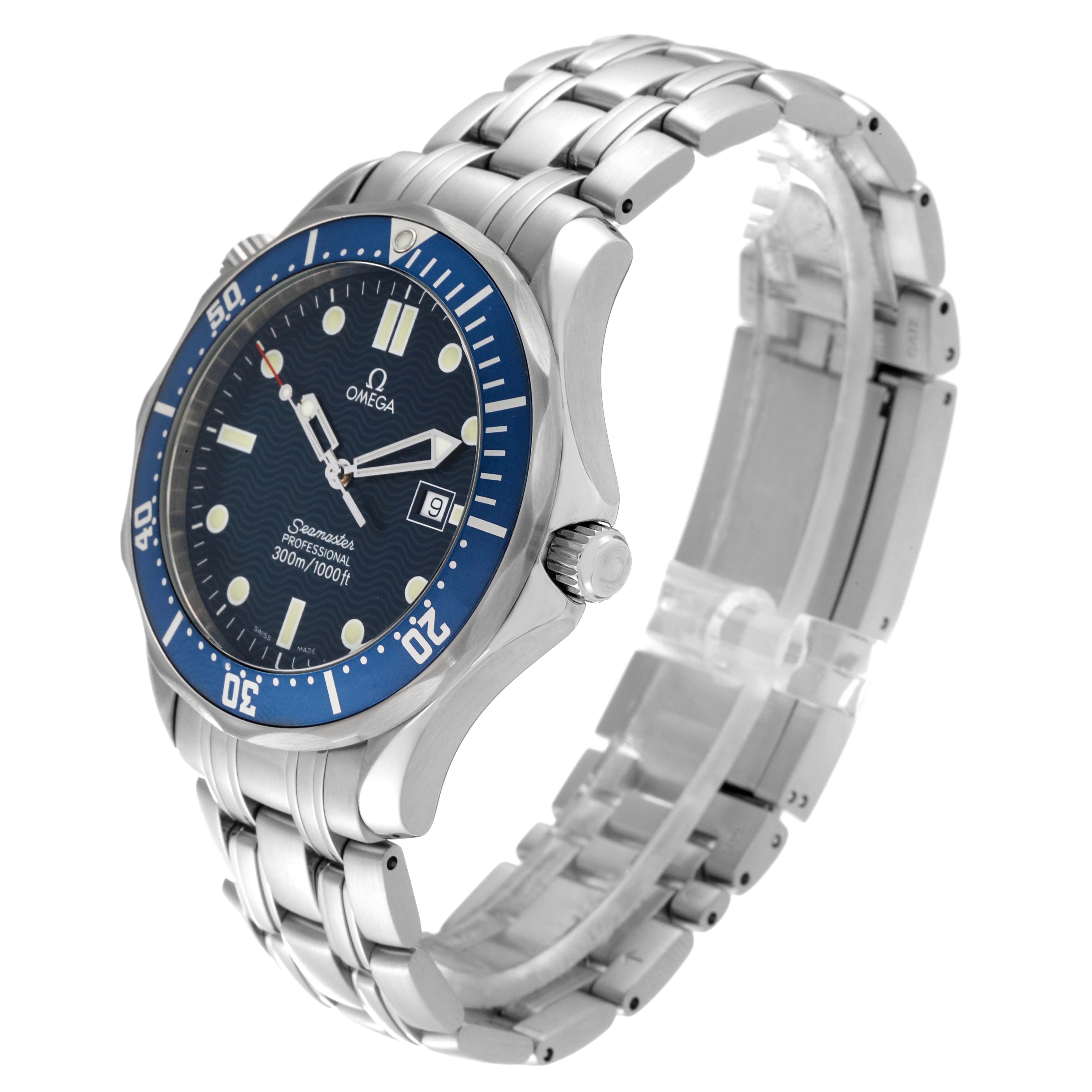The image shows an Omega Seamaster 2541.80.00 Men
s Stainless Steel Blue Dial 2541.80.00 Men
s Stainless Steel Blue Dial watch from an angled side view, highlighting its blue dial, bezel, and stainless steel bracelet.