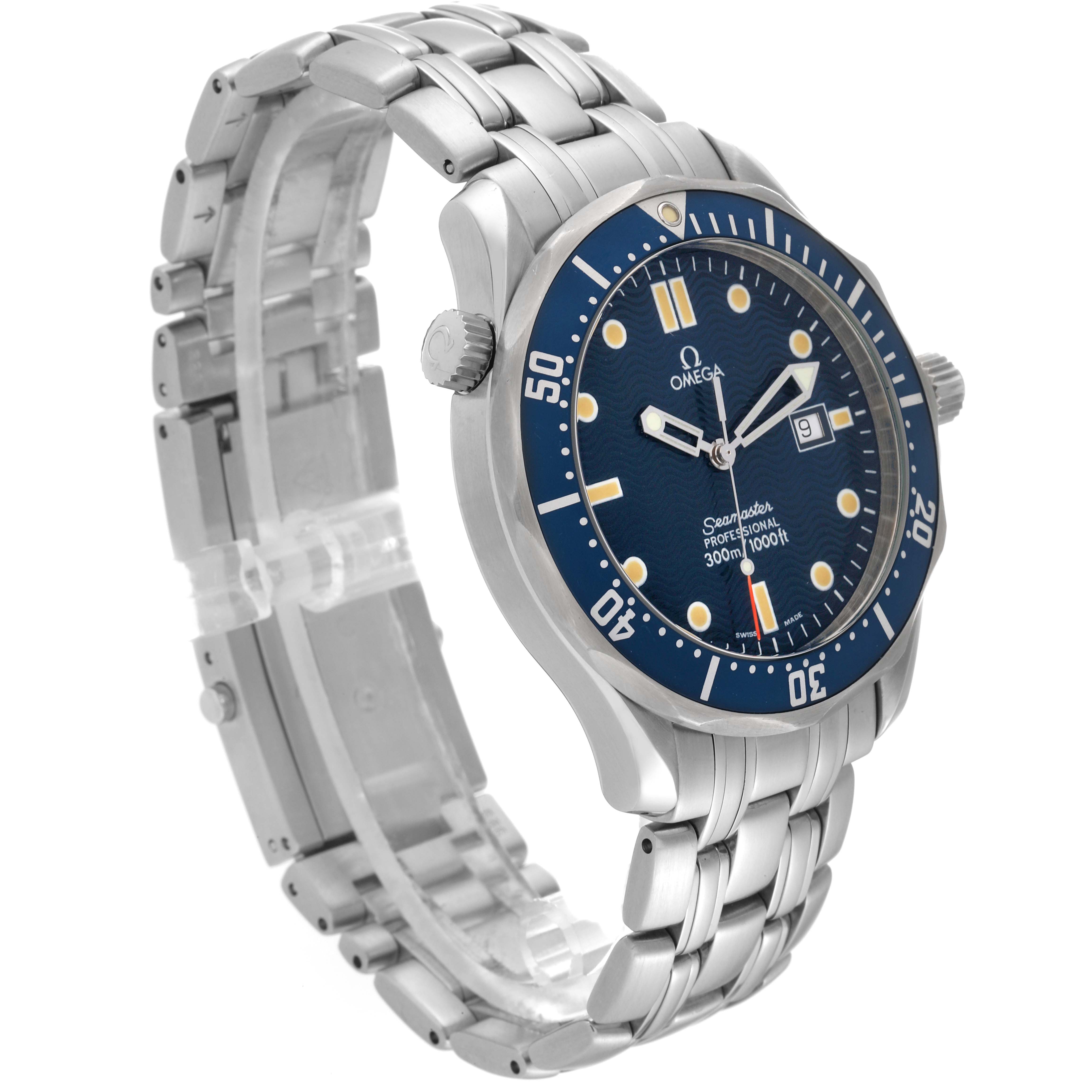 The Omega Seamaster 2541.80.00 Men
s Stainless Steel Blue Dial 2541.80.00 Men
s Stainless Steel Blue Dial watch is shown at a slight angle, displaying its blue dial, bezel, and metal bracelet.