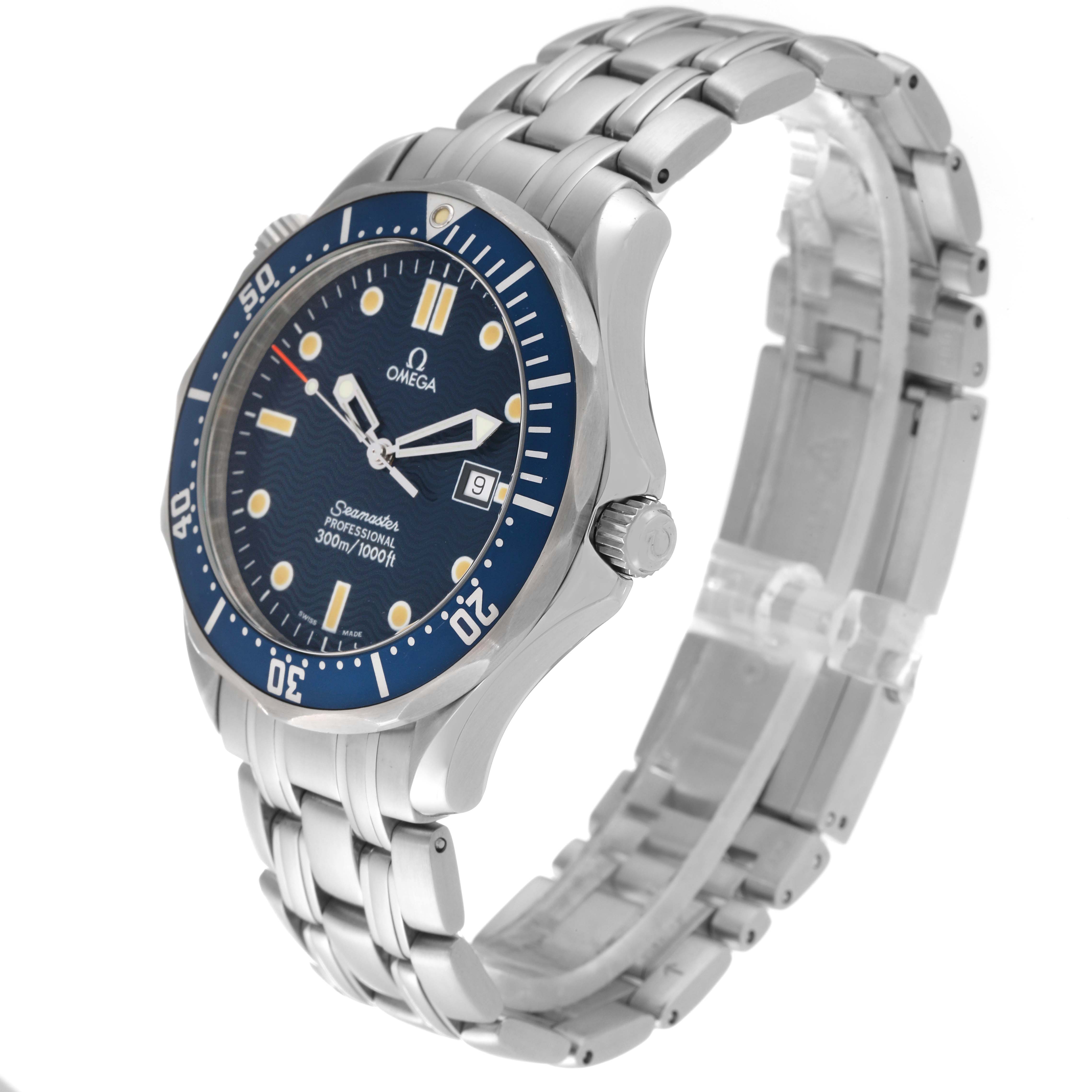 The Omega Seamaster 2541.80.00 Men
s Stainless Steel Blue Dial 2541.80.00 Men
s Stainless Steel Blue Dial watch is shown at a three-quarter angle, displaying its blue dial, bezel, and stainless steel bracelet.