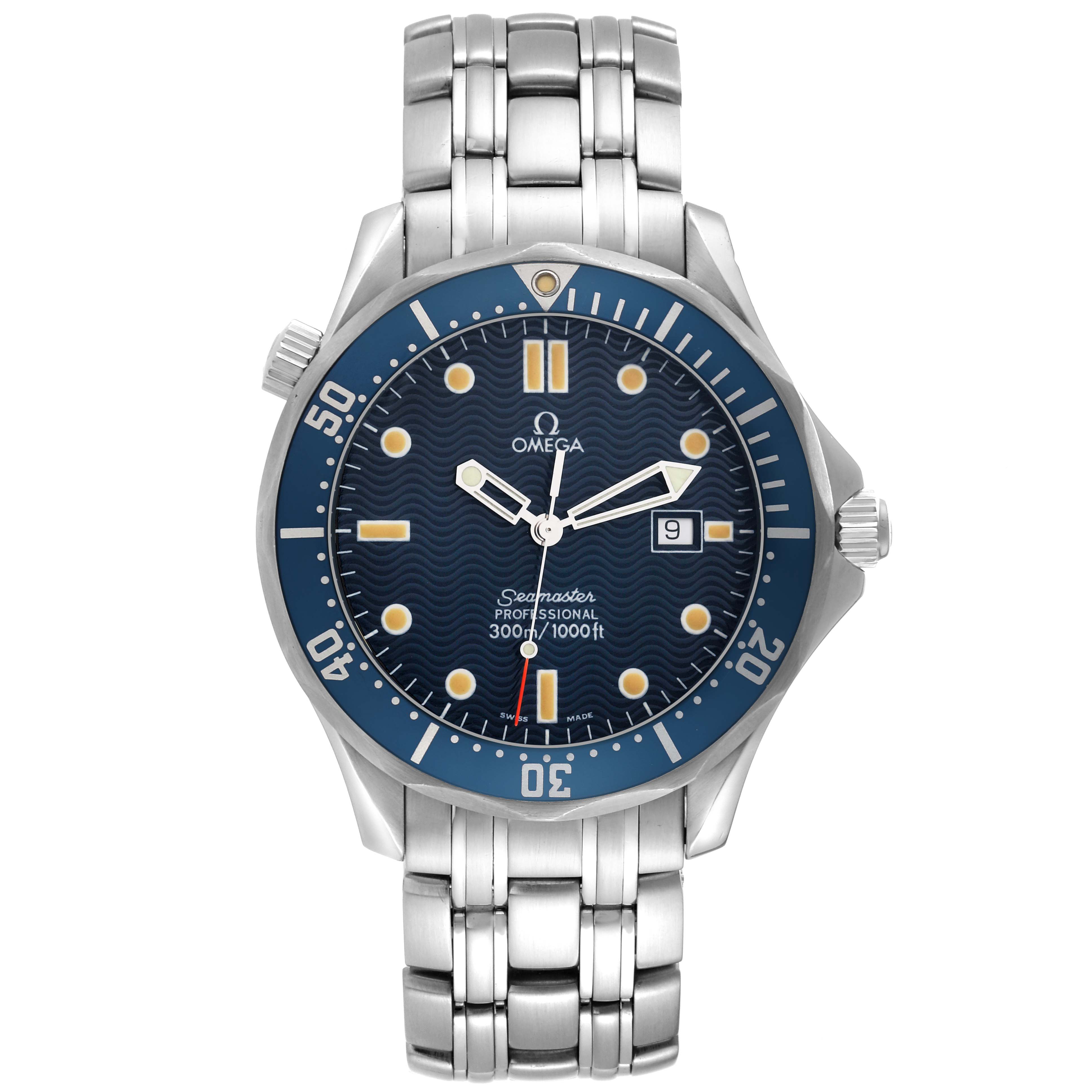 The Omega Seamaster 2541.80.00 Men
s Stainless Steel Blue Dial 2541.80.00 Men
s Stainless Steel Blue Dial watch is shown from the front, displaying its blue dial, silver bracelet, and date function.