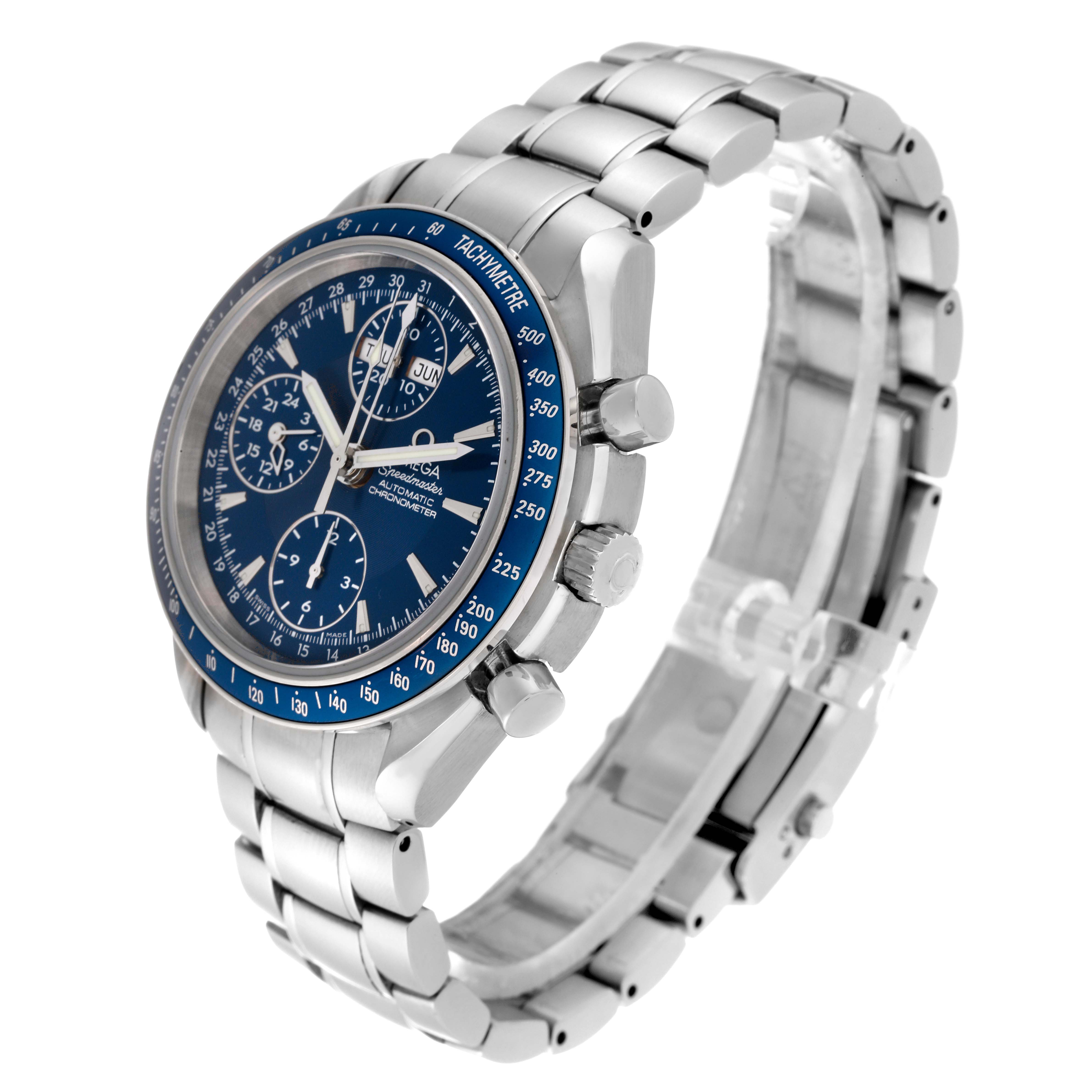 This image shows the Omega Speedmaster 3222.80.00 Men
s Stainless Steel Blue Dial 3222.80.00 Men
s Stainless Steel Blue Dial watch at an angle highlighting its face, bezel, side buttons, and stainless steel bracelet.