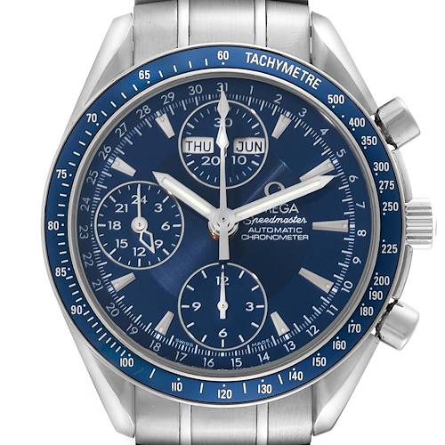 The image shows a frontal view of the Omega Speedmaster watch, highlighting its blue dial, tachymeter bezel, and chronograph subdials.