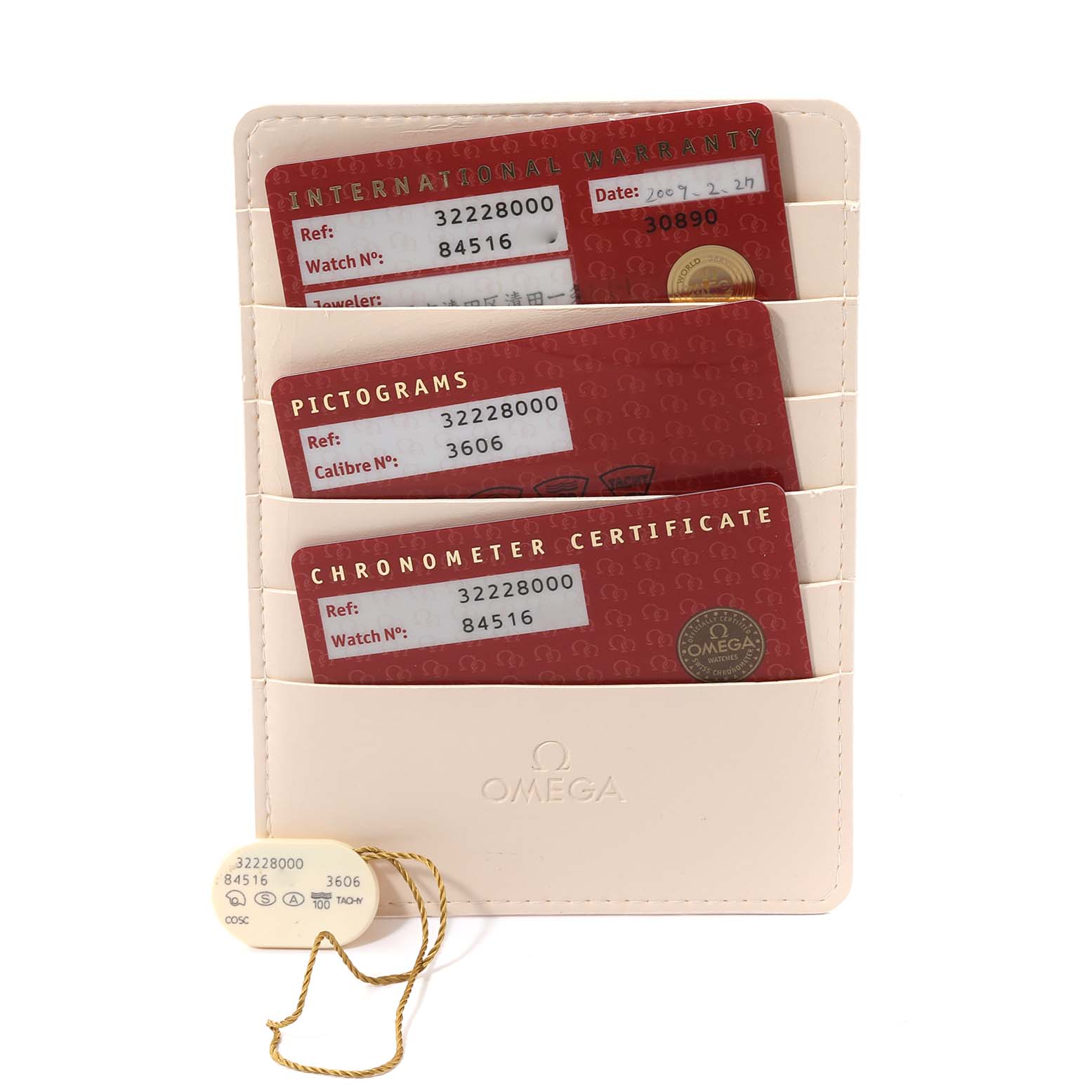 The image shows the warranty cards and certification documents for an Omega Speedmaster 3222.80.00 Men
s Stainless Steel Blue Dial 3222.80.00 Men
s Stainless Steel Blue Dial watch.