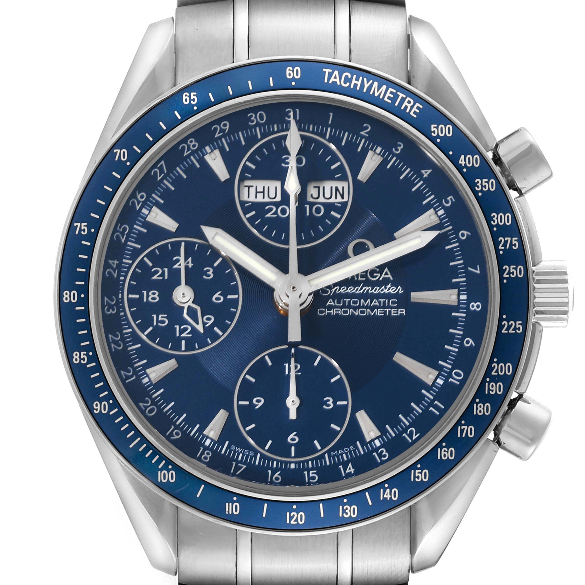 The image shows a frontal view of an Omega Speedmaster 3222.80.00 Men
s Stainless Steel Blue Dial 3222.80.00 Men
s Stainless Steel Blue Dial watch displaying its face, chronograph dials, and tachymeter bezel.