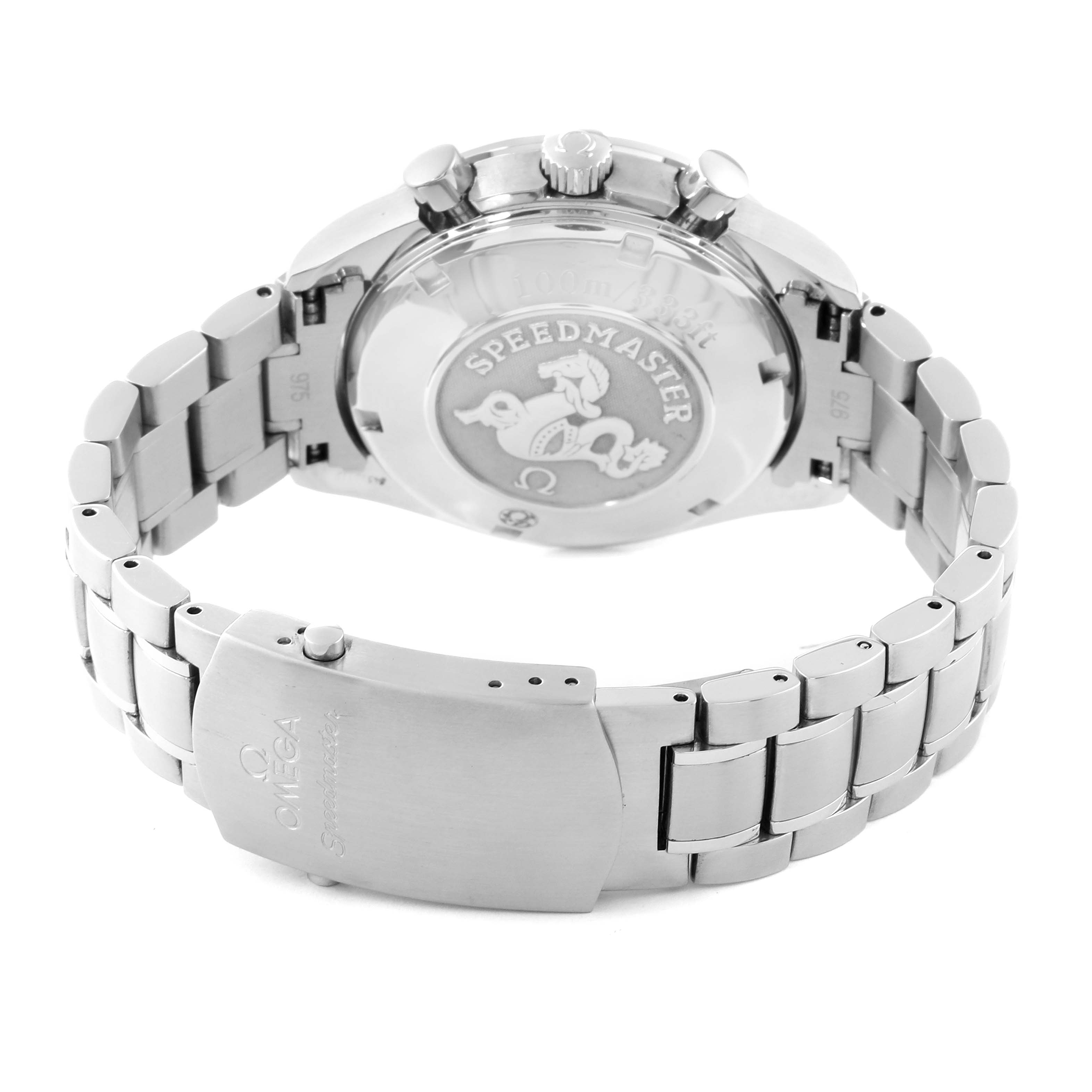 The image shows the back and bracelet of an Omega Speedmaster 3222.80.00 Men
s Stainless Steel Blue Dial 3222.80.00 Men
s Stainless Steel Blue Dial watch, highlighting the clasp and engraved case back.