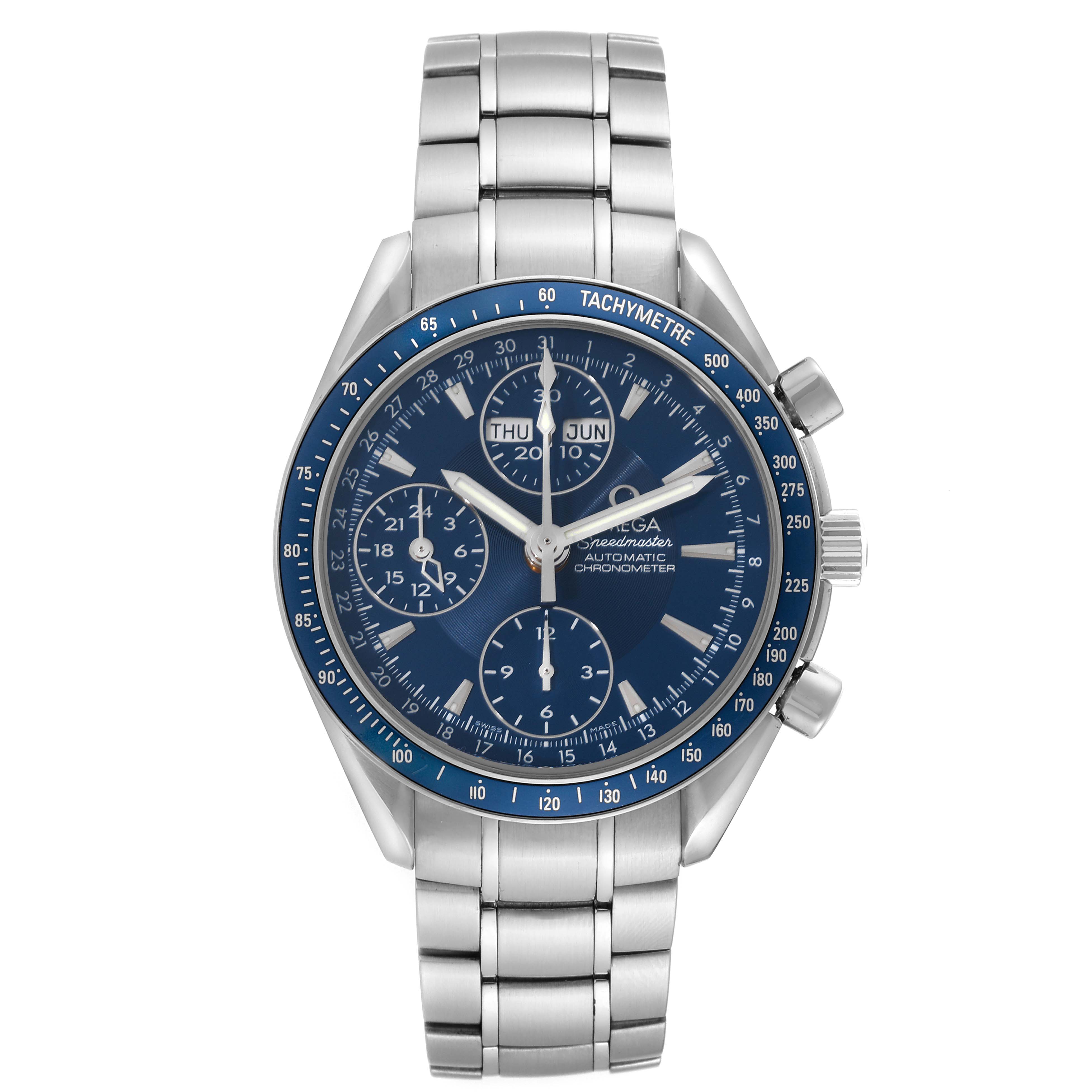 This image shows a frontal view of an Omega Speedmaster 3222.80.00 Men
s Stainless Steel Blue Dial 3222.80.00 Men
s Stainless Steel Blue Dial watch, featuring a blue dial, tachymeter bezel, and metal bracelet.