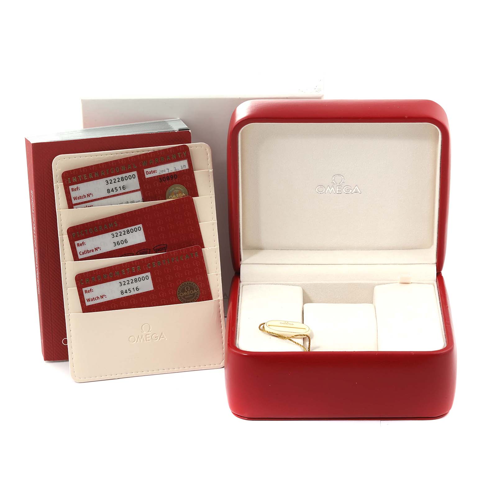 The image shows an Omega Speedmaster 3222.80.00 Men
s Stainless Steel Blue Dial 3222.80.00 Men
s Stainless Steel Blue Dial watch box, warranty cards, and a cardholder from a front angle.