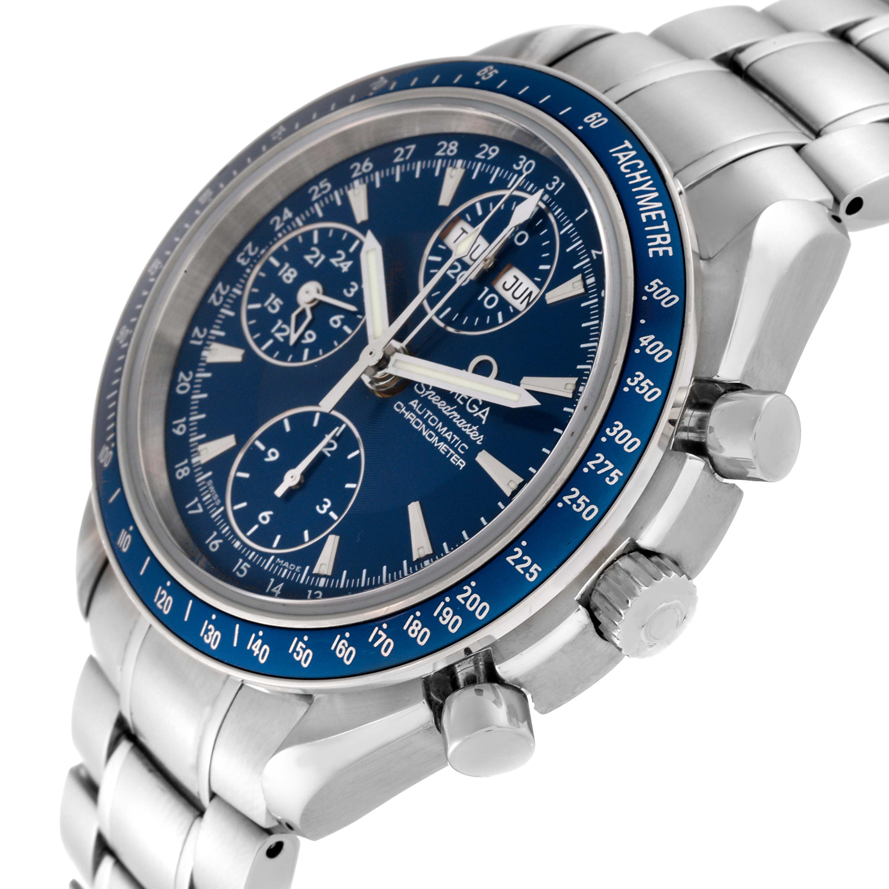 The image shows an Omega Speedmaster 3222.80.00 Men
s Stainless Steel Blue Dial 3222.80.00 Men
s Stainless Steel Blue Dial watch at a slight angle, highlighting its blue dial, tachymeter bezel, and stainless steel bracelet.