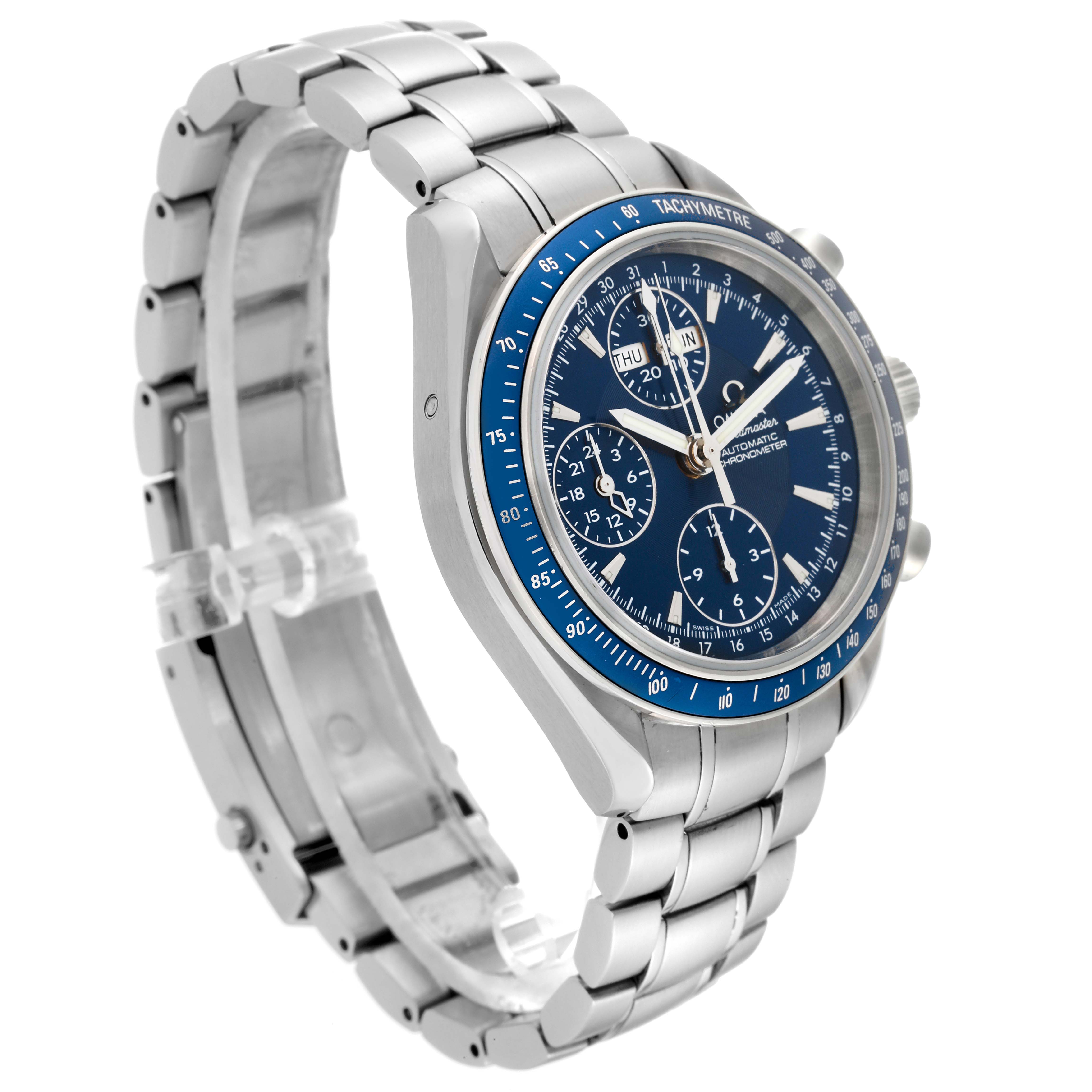 The image shows a side angle of the Omega Speedmaster 3222.80.00 Men
s Stainless Steel Blue Dial 3222.80.00 Men
s Stainless Steel Blue Dial watch, highlighting the face, tachymeter bezel, and metal bracelet.