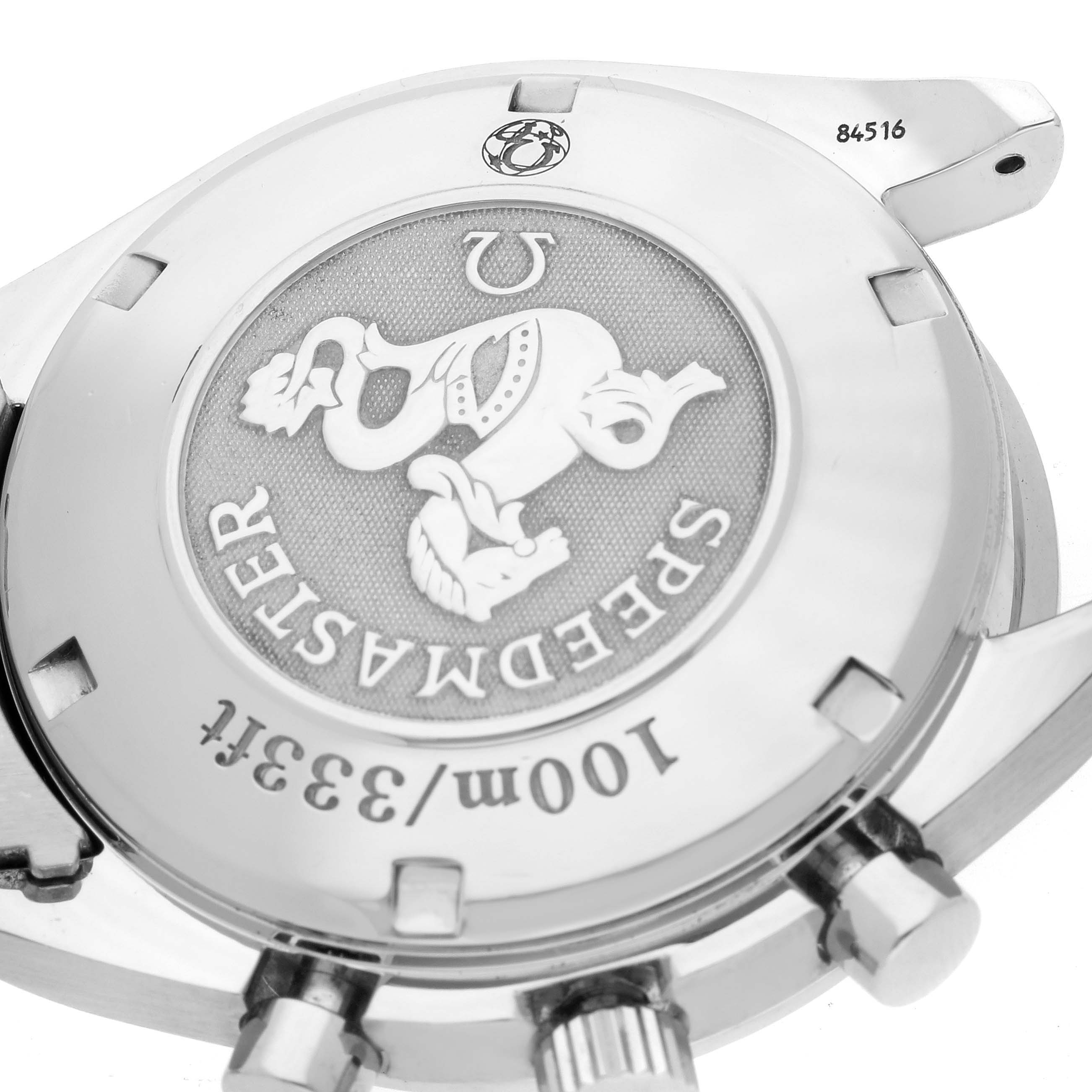 This image shows the back case of an Omega Speedmaster 3222.80.00 Men
s Stainless Steel Blue Dial 3222.80.00 Men
s Stainless Steel Blue Dial watch, highlighting its engraving and crown.