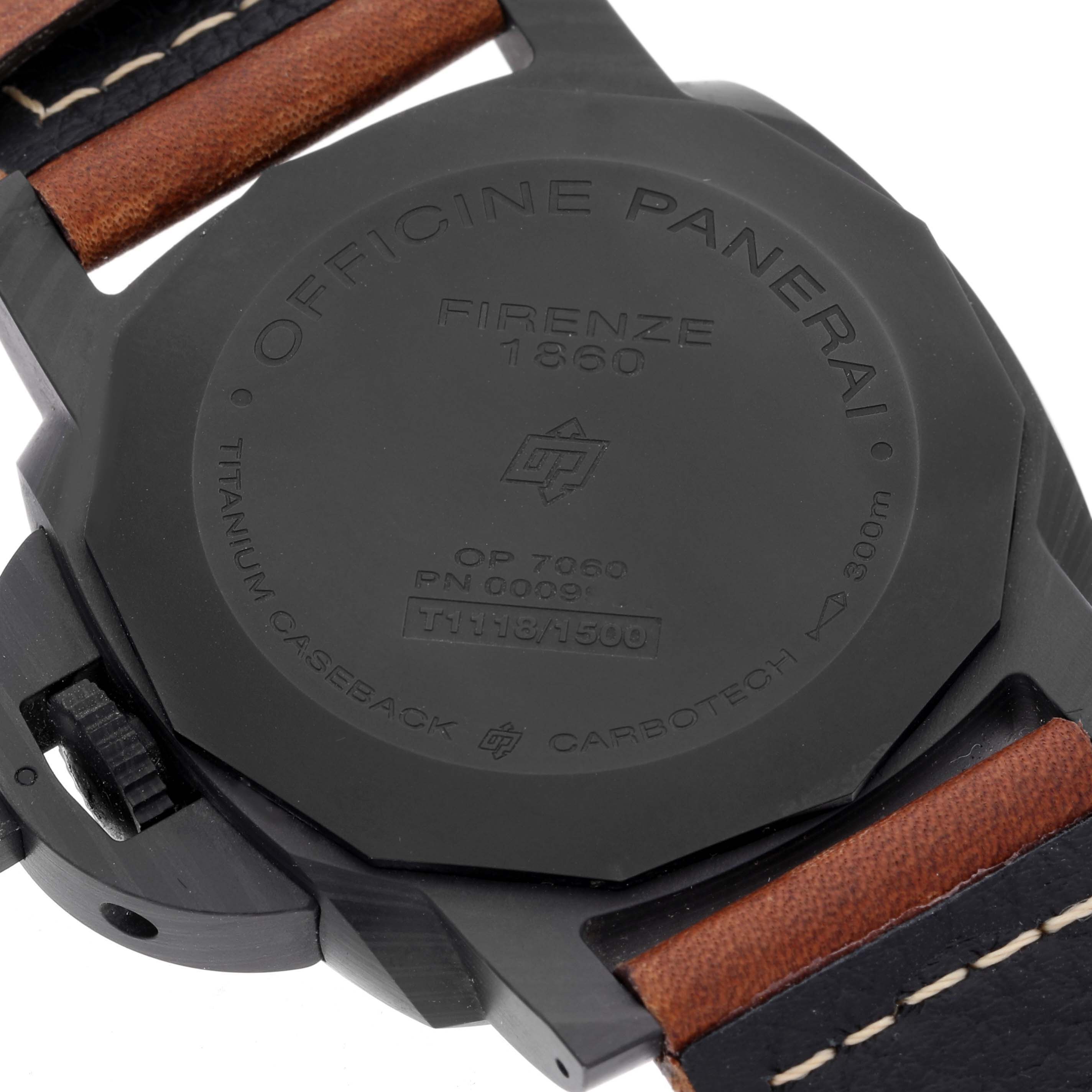 The image shows the back case of a Panerai Luminor PAM00661 Men's Titanium Black Dial PAM00661 Men's Titanium Black Dial watch, highlighting the case back and leather strap attachments.