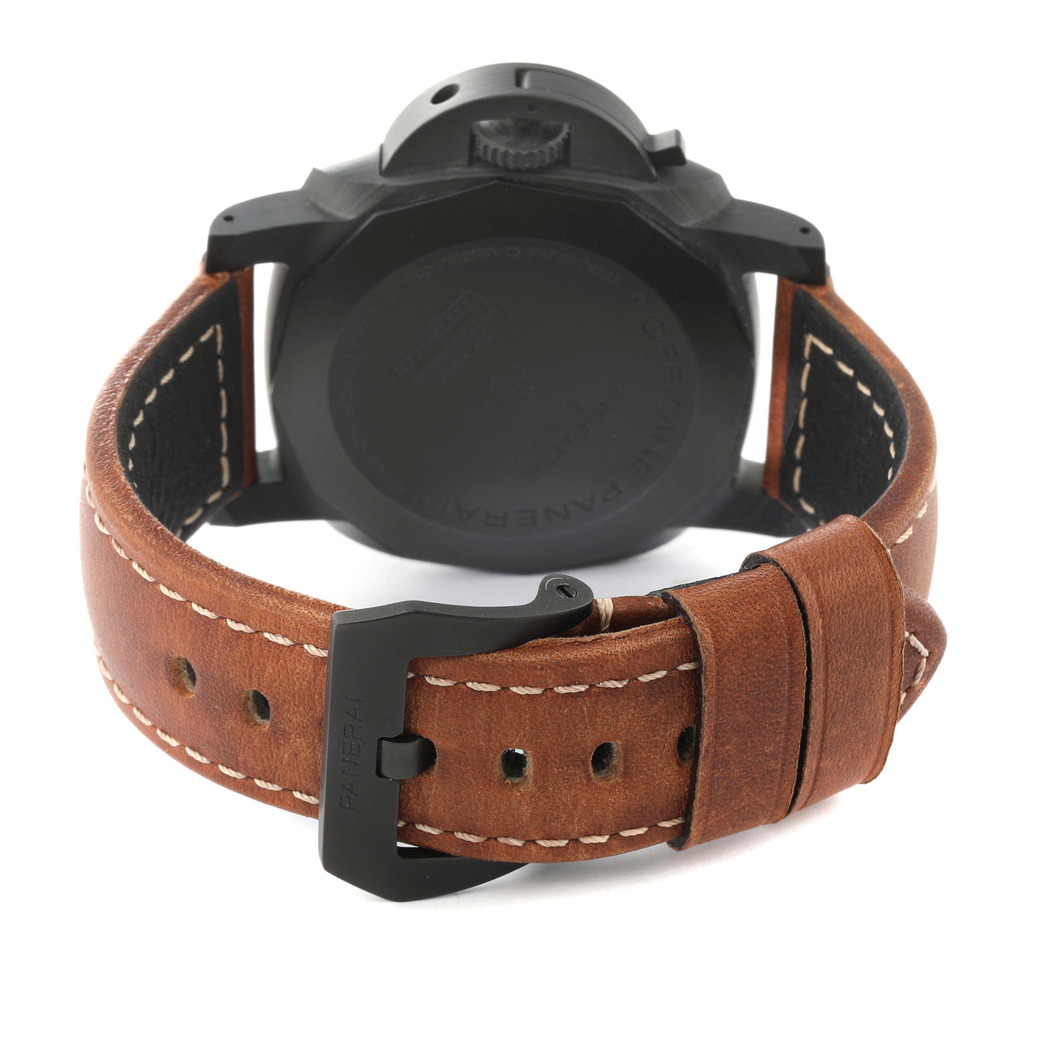 The image shows the back view of a Panerai Luminor PAM00661 Men's Titanium Black Dial PAM00661 Men's Titanium Black Dial watch with its brown leather strap and black buckle.