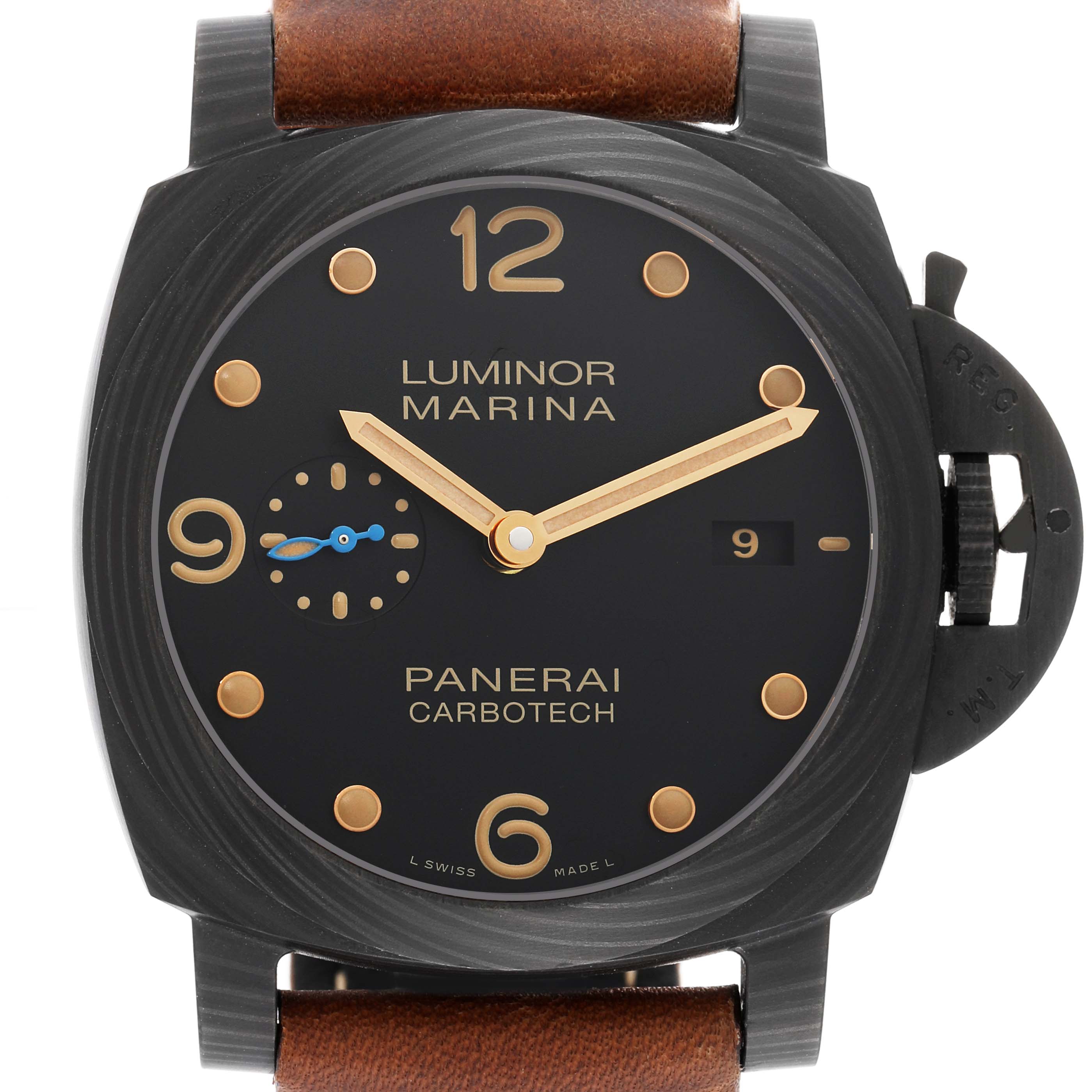 The image shows a straight-on view of the Panerai Luminor PAM00661 Men's Titanium Black Dial PAM00661 Men's Titanium Black Dial Marina Carbotech watch, featuring its dial, bezel, and leather strap.