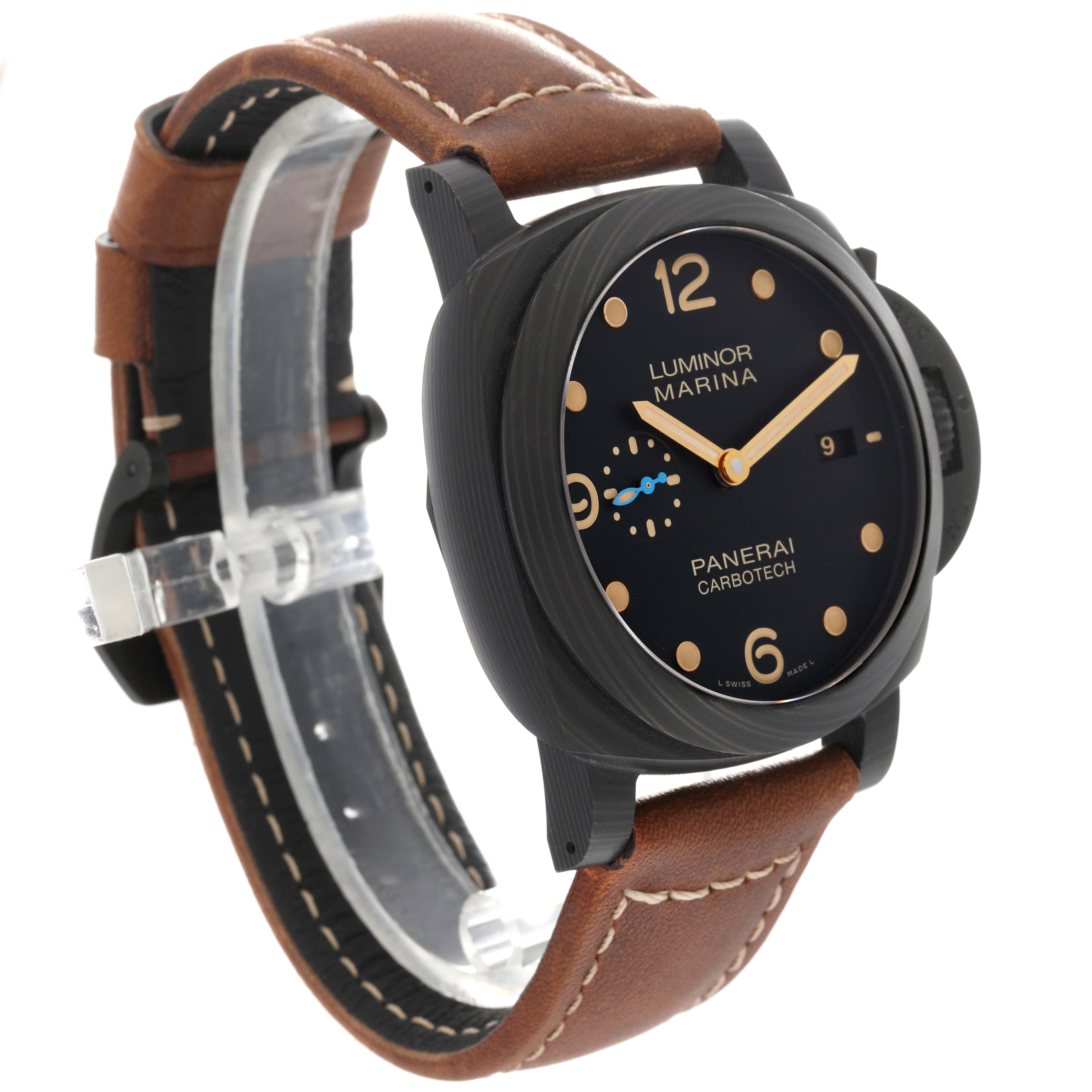 The image shows the front and side of a Panerai Luminor PAM00661 Men's Titanium Black Dial PAM00661 Men's Titanium Black Dial Marina watch, highlighting its dial, case, and leather strap.