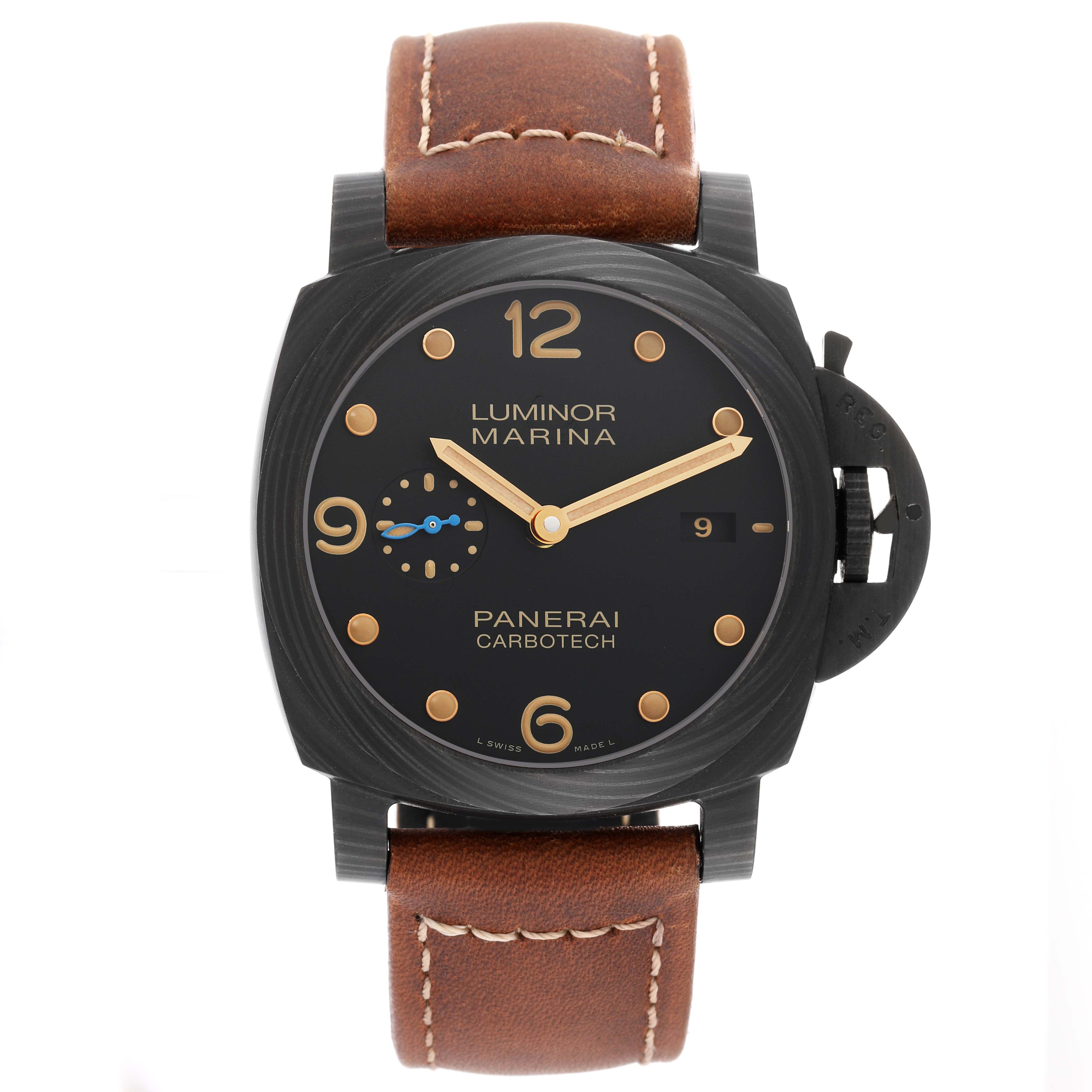 The image shows a Panerai Luminor PAM00661 Men's Titanium Black Dial PAM00661 Men's Titanium Black Dial Marina Carbotech watch, front view, displaying the dial, case, and leather strap.