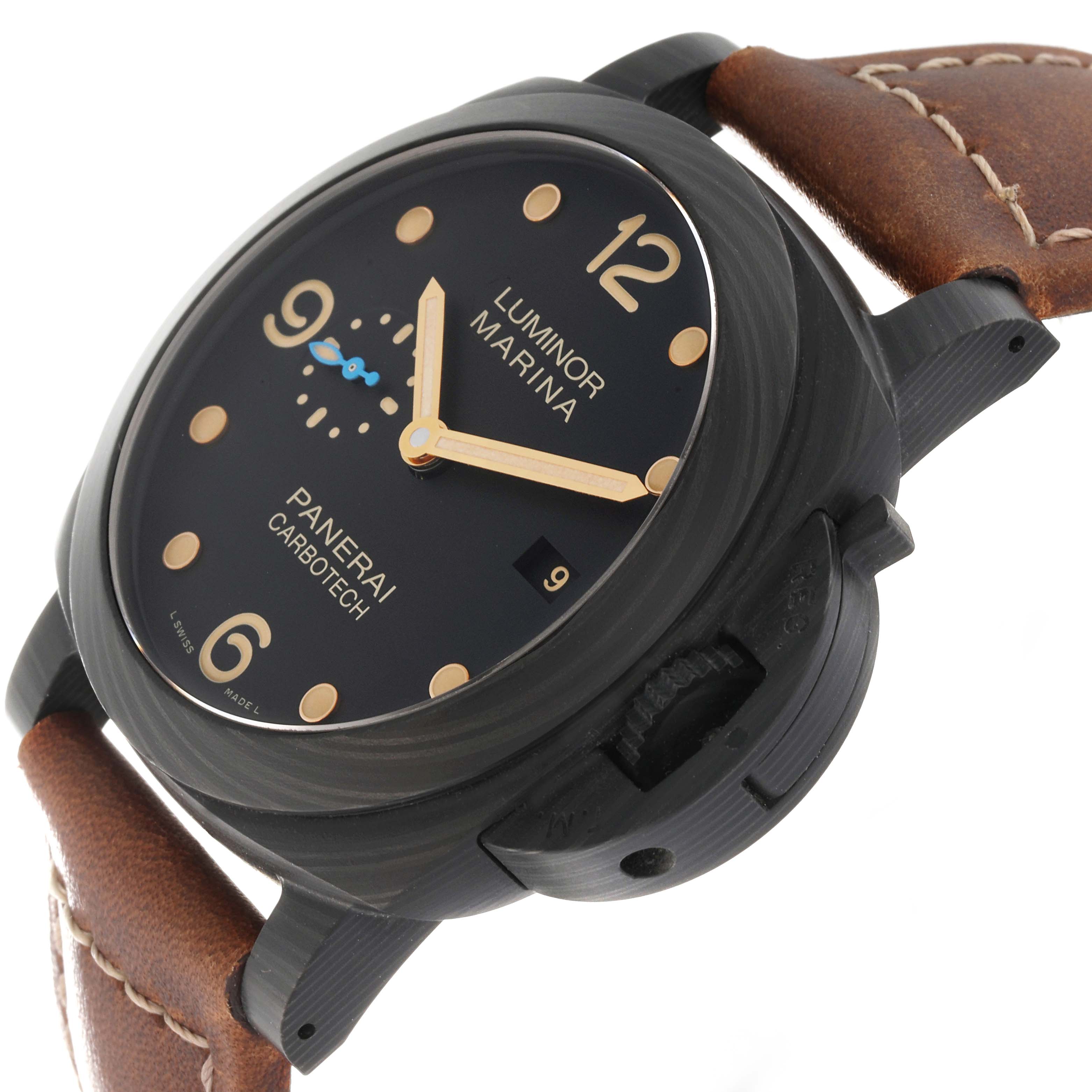 The image shows a close-up angled view of the Panerai Luminor PAM00661 Men's Titanium Black Dial PAM00661 Men's Titanium Black Dial Marina watch, highlighting its face, crown-guard, and leather strap.