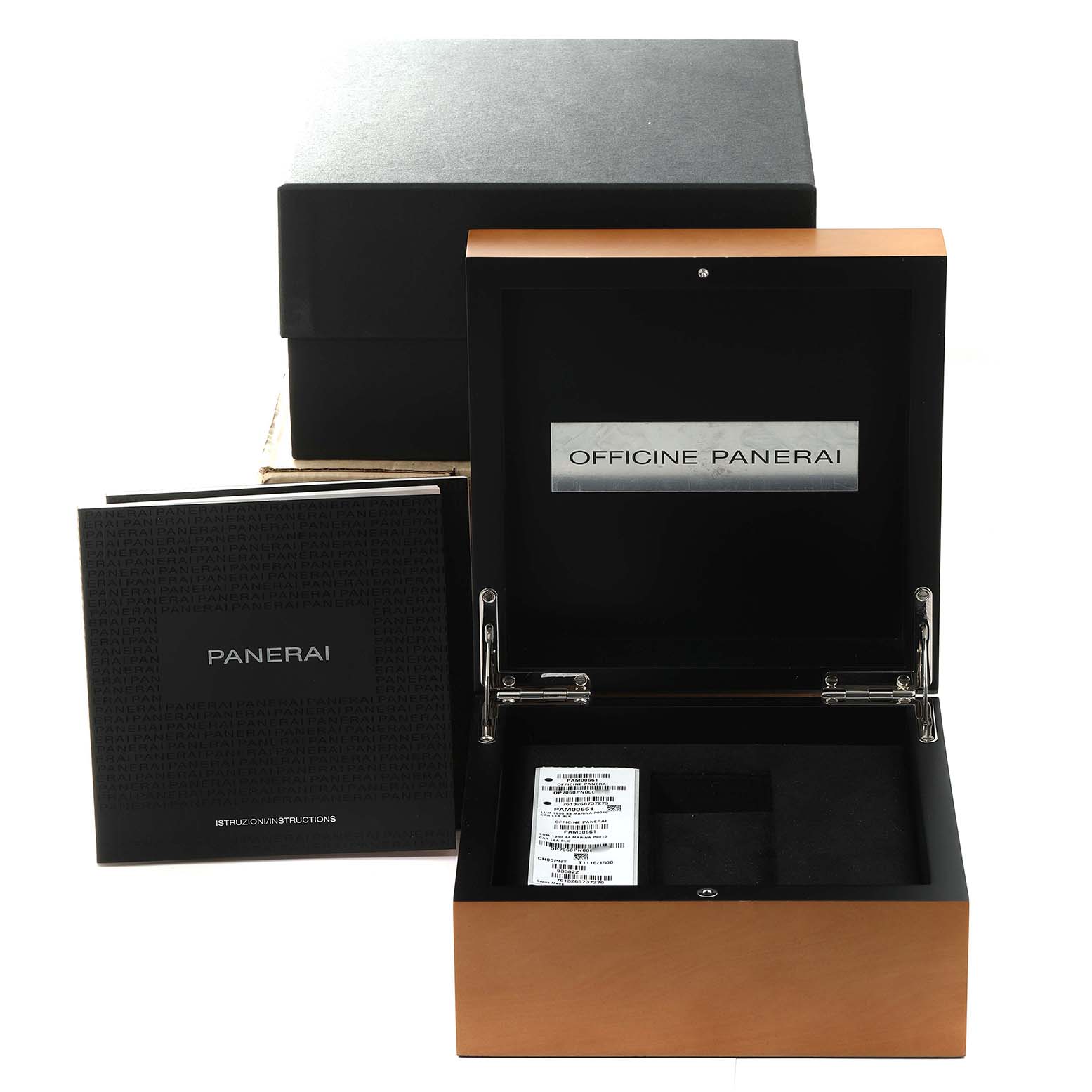 The image shows the open box, instruction booklet, and outer packaging for a Panerai Luminor PAM00661 Men's Titanium Black Dial PAM00661 Men's Titanium Black Dial watch.