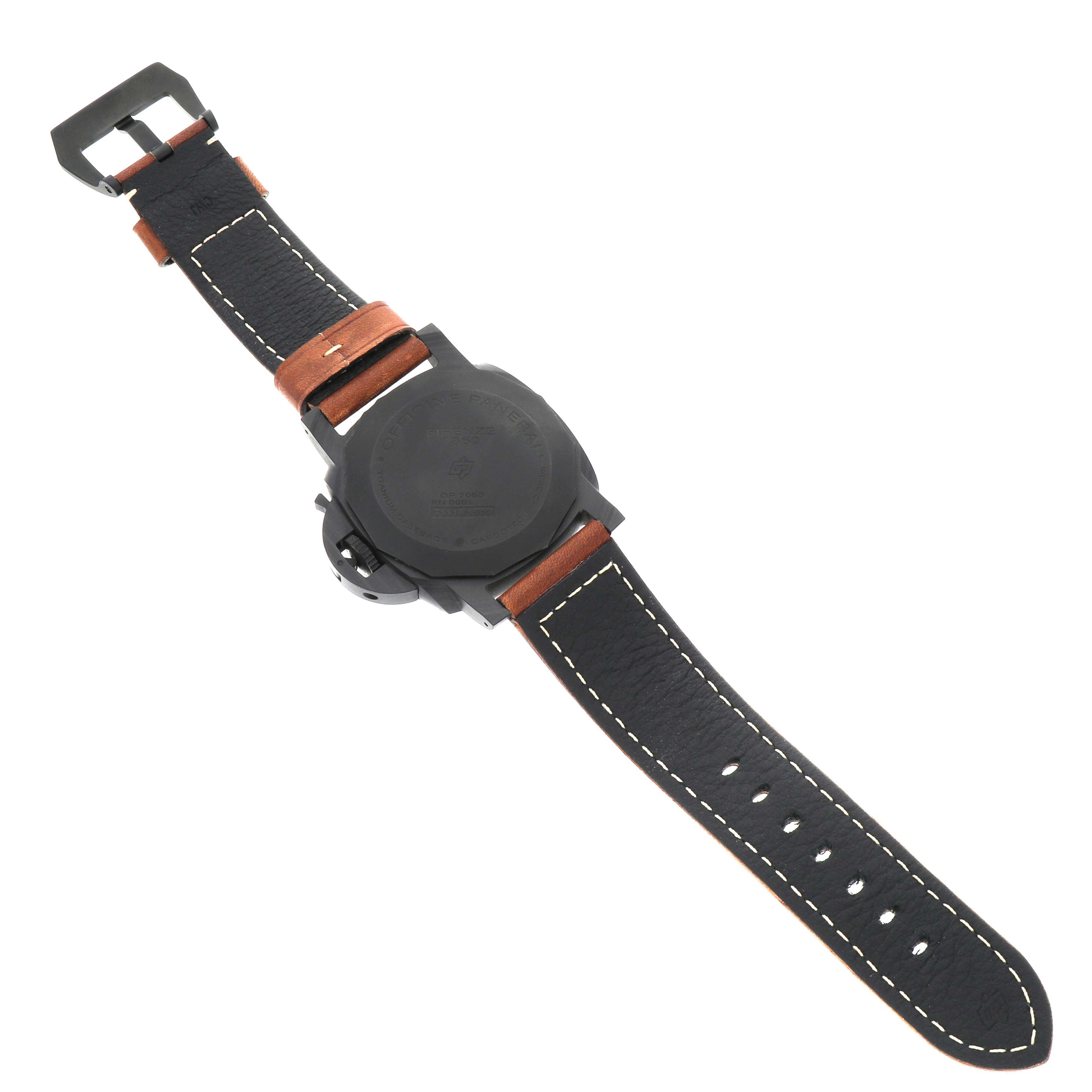 The image shows the back view of a Panerai Luminor PAM00661 Men's Titanium Black Dial PAM00661 Men's Titanium Black Dial watch, highlighting the case back and leather strap.