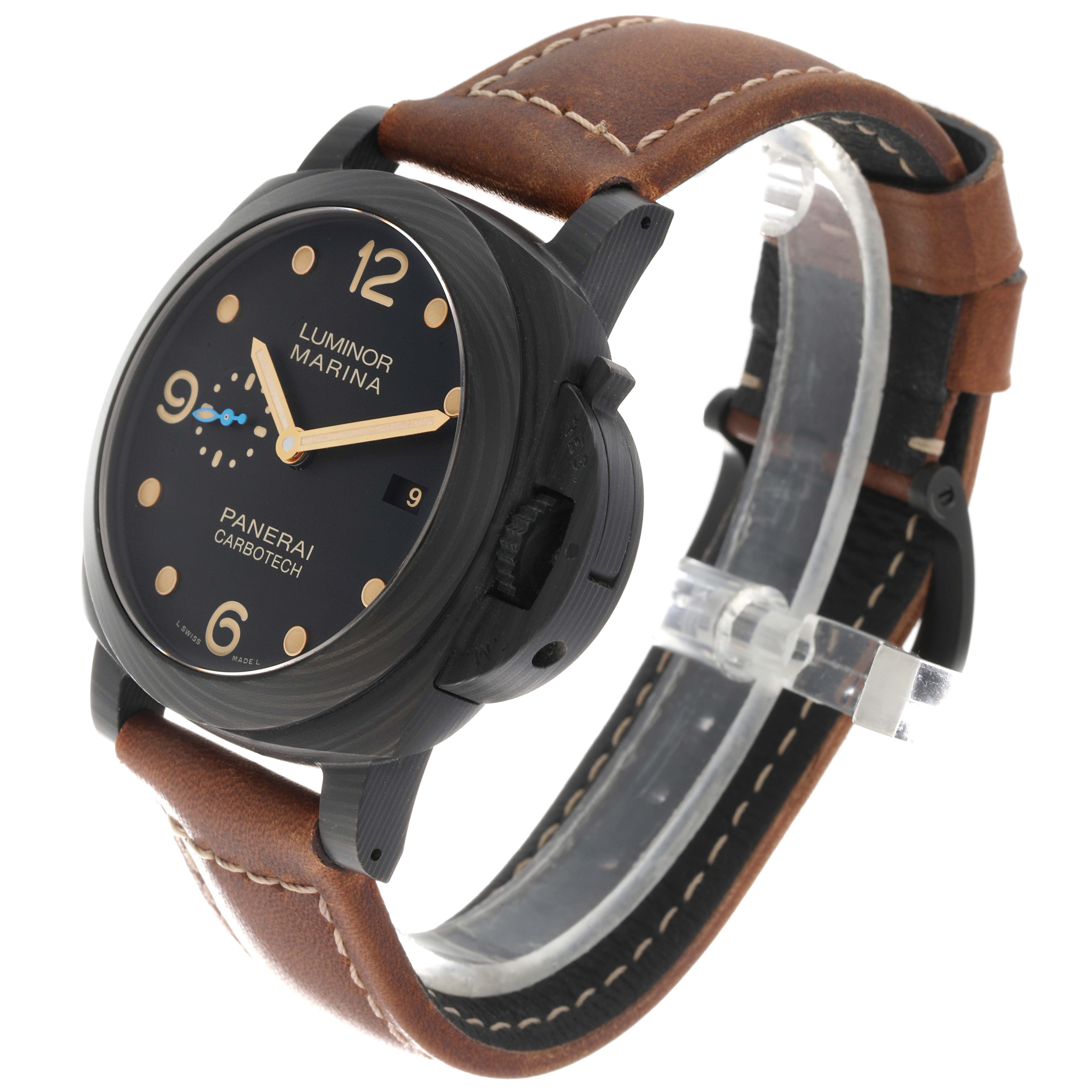 The image shows a Panerai Luminor PAM00661 Men's Titanium Black Dial PAM00661 Men's Titanium Black Dial Marina Carbotech watch at a 3/4 angle, highlighting its face, case, and brown leather strap.