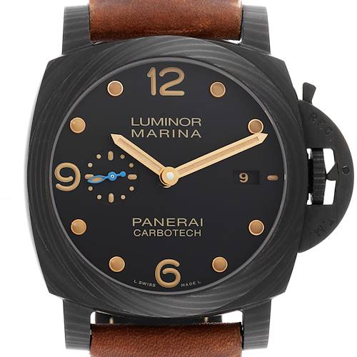 The image shows a front view of the Panerai Luminor Marina Carbotech watch, highlighting the face, hands, date window, and strap.