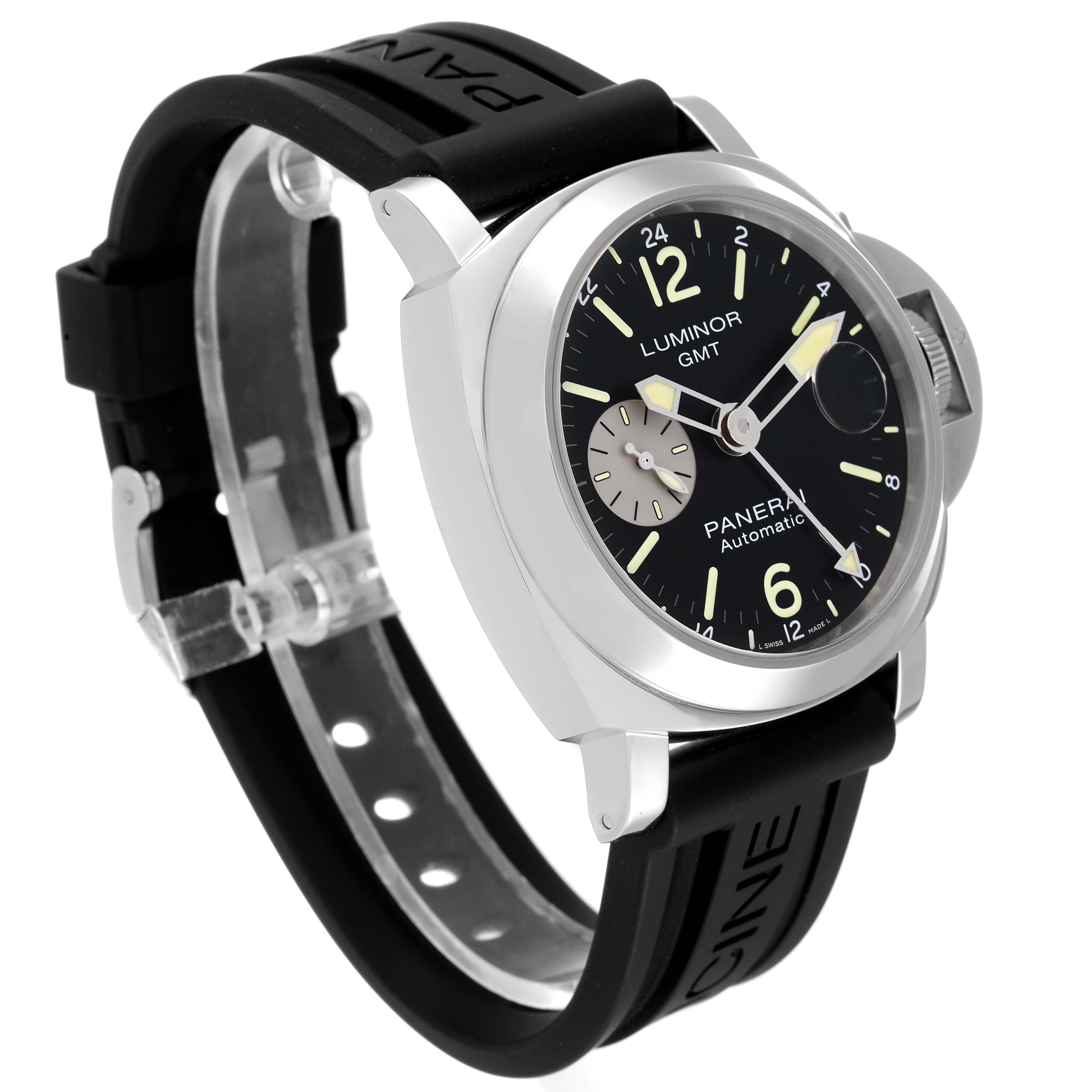 The Panerai Luminor PAM01088 Men
s Stainless Steel Black Dial PAM01088 Men
s Stainless Steel Black Dial watch is viewed at a slight angled side, showing the watch face, strap, and case.