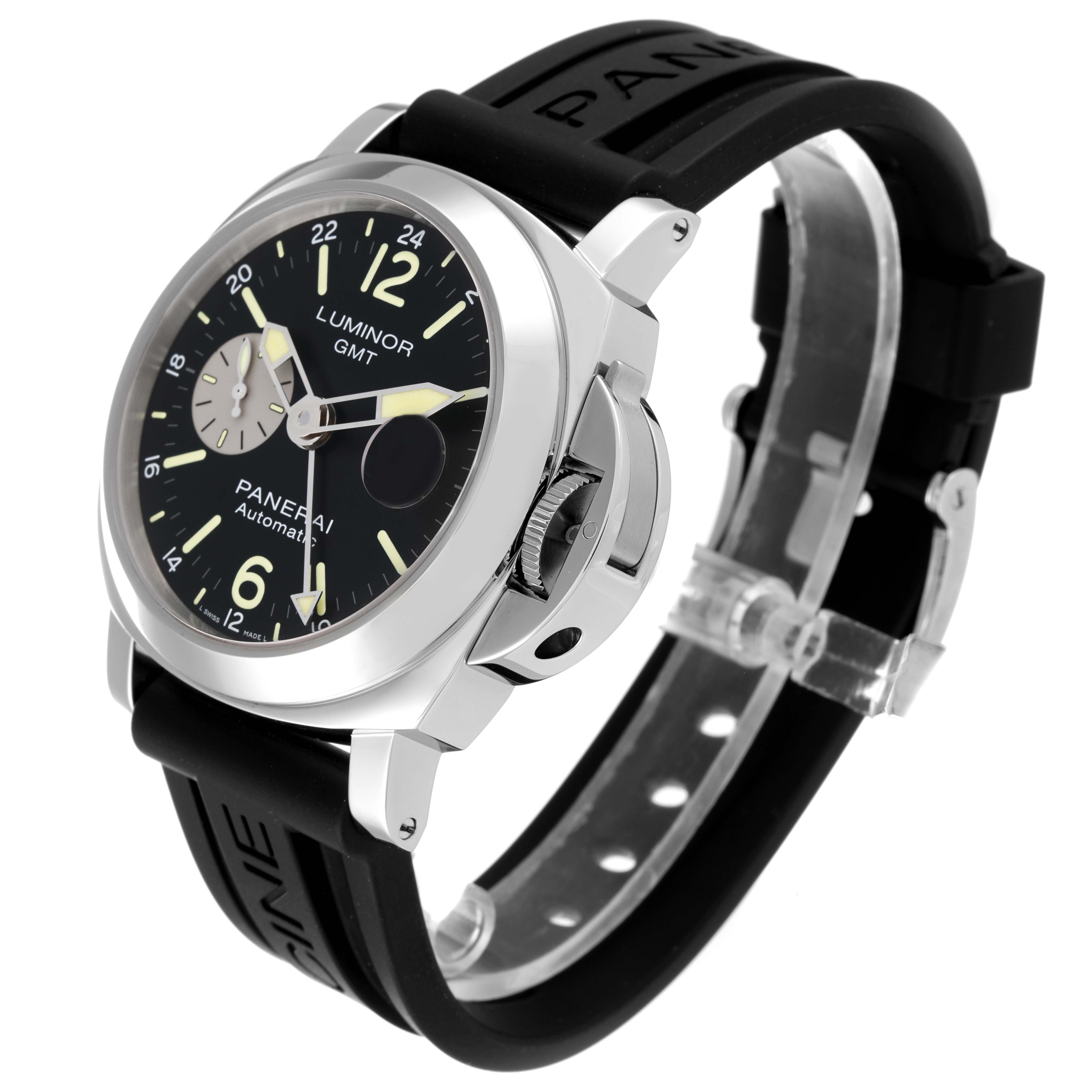 The image shows a front-side angle of a Panerai Luminor PAM01088 Men
s Stainless Steel Black Dial PAM01088 Men
s Stainless Steel Black Dial GMT watch with a black strap and crown guard.